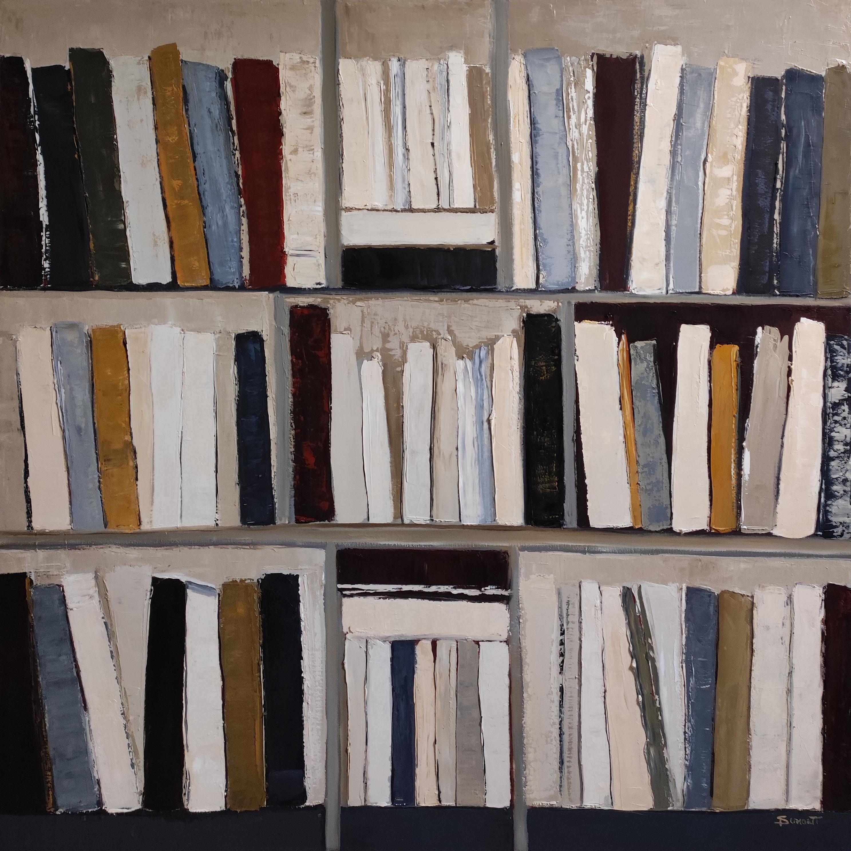 Architecture du livre, Abstract library geometric, textured, expressionism, gray - Painting by SOPHIE DUMONT