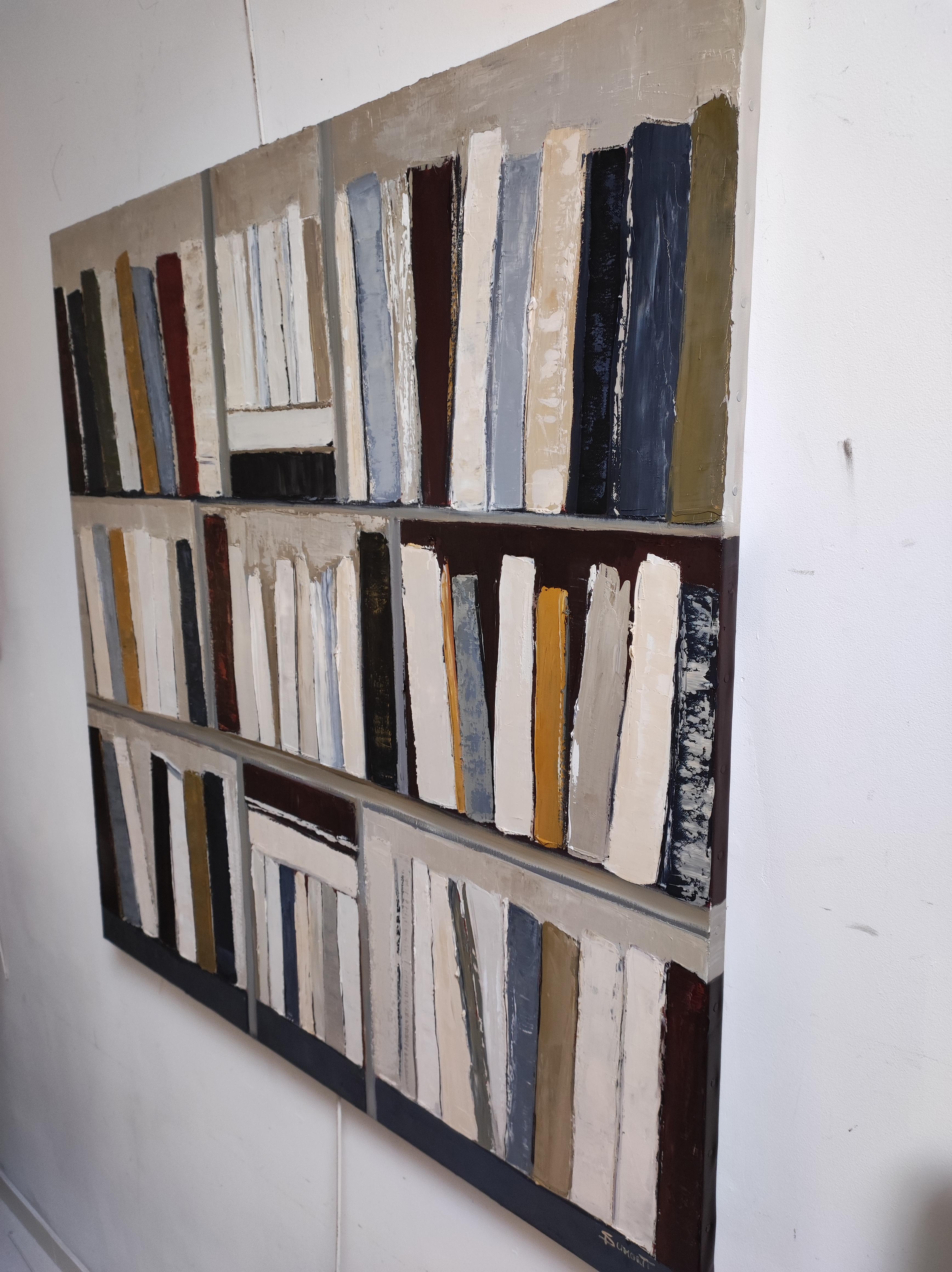 Architecture du livre, Abstract library geometric, textured, expressionism, gray - Gray Abstract Painting by SOPHIE DUMONT