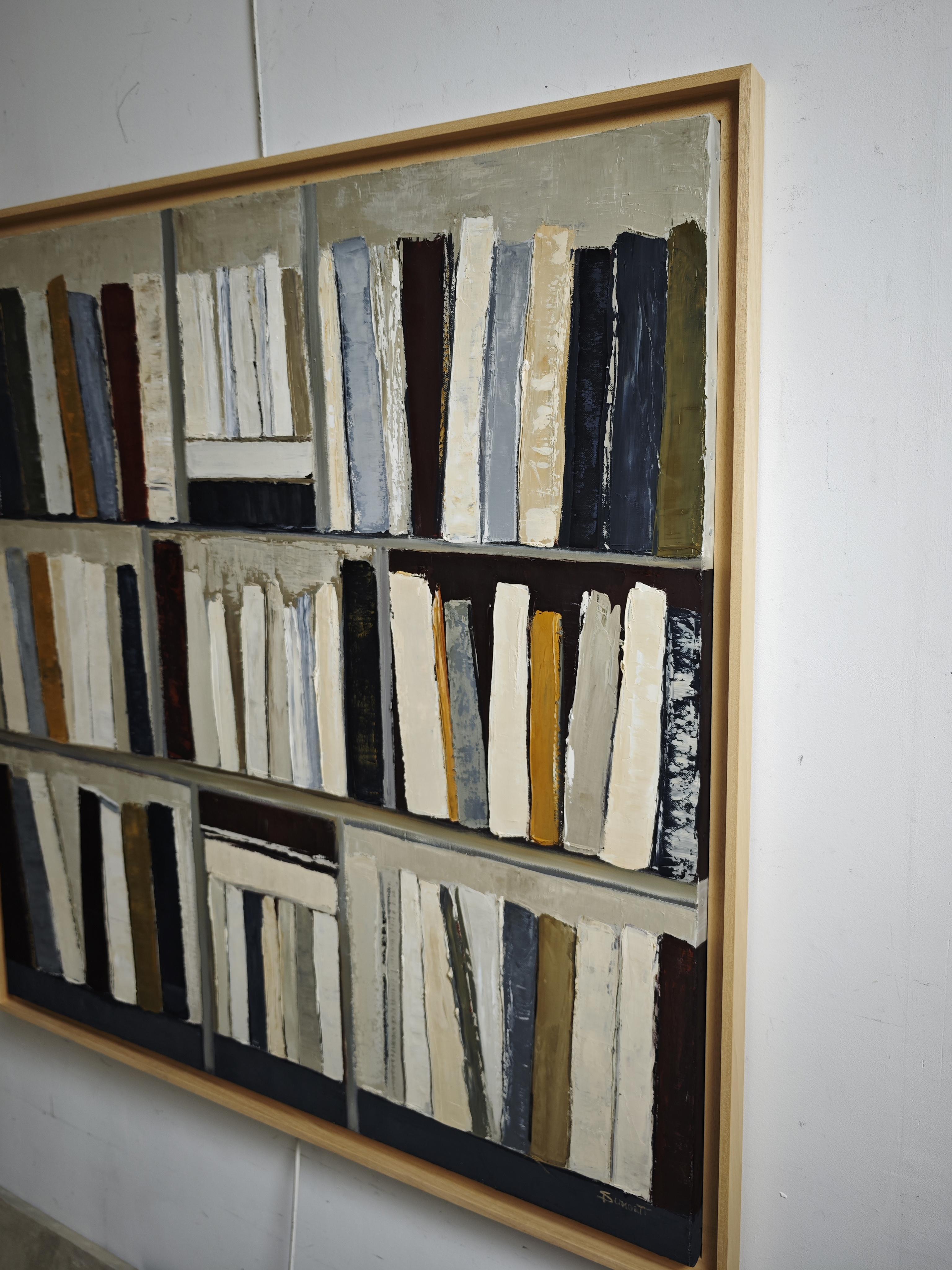 Architecture du livre, Abstract library geometric, textured, expressionism, gray - Gray Abstract Painting by SOPHIE DUMONT