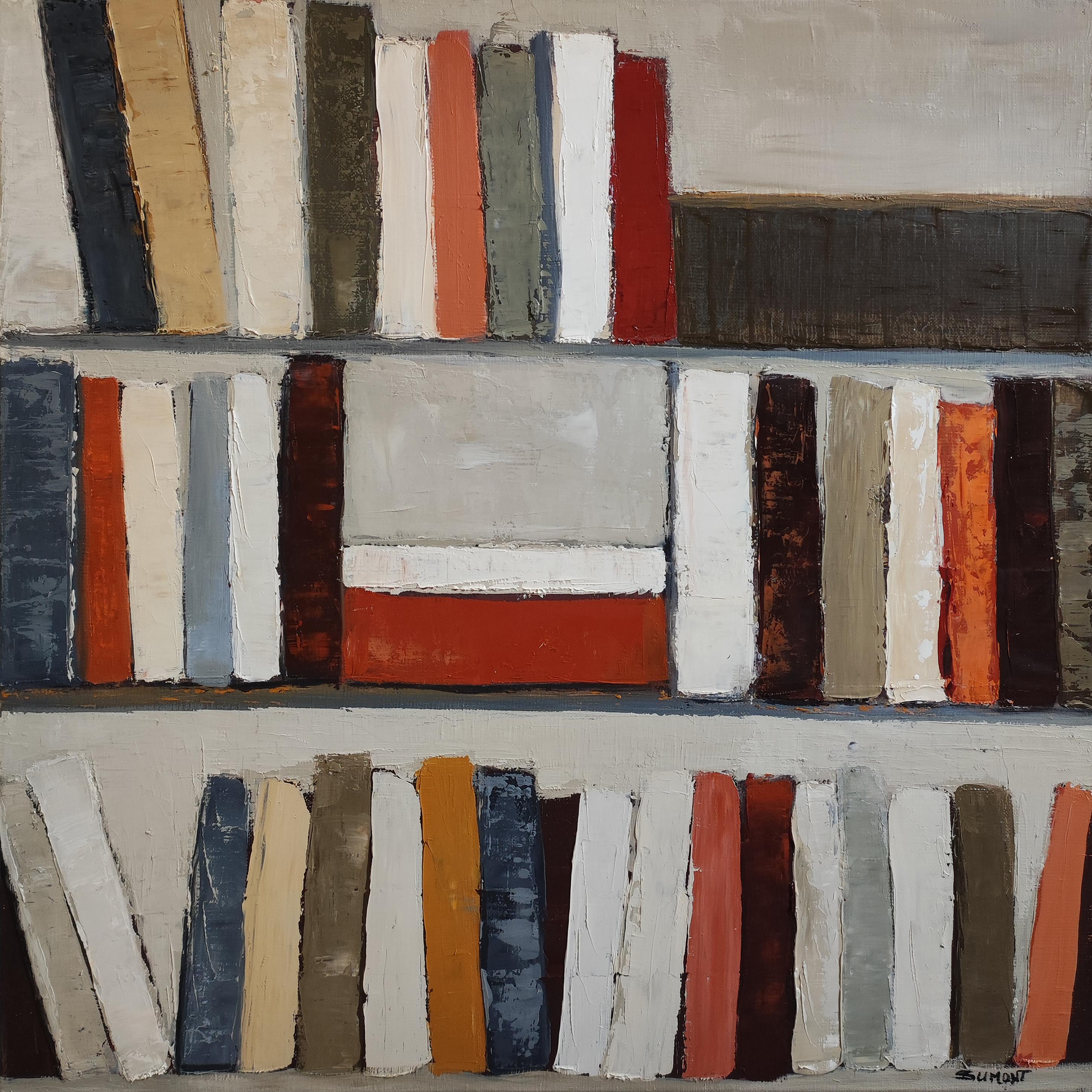 Architecture du savoir, Abstract Contemporary Library, Expressionism, Oil - Abstract Expressionist Painting by SOPHIE DUMONT