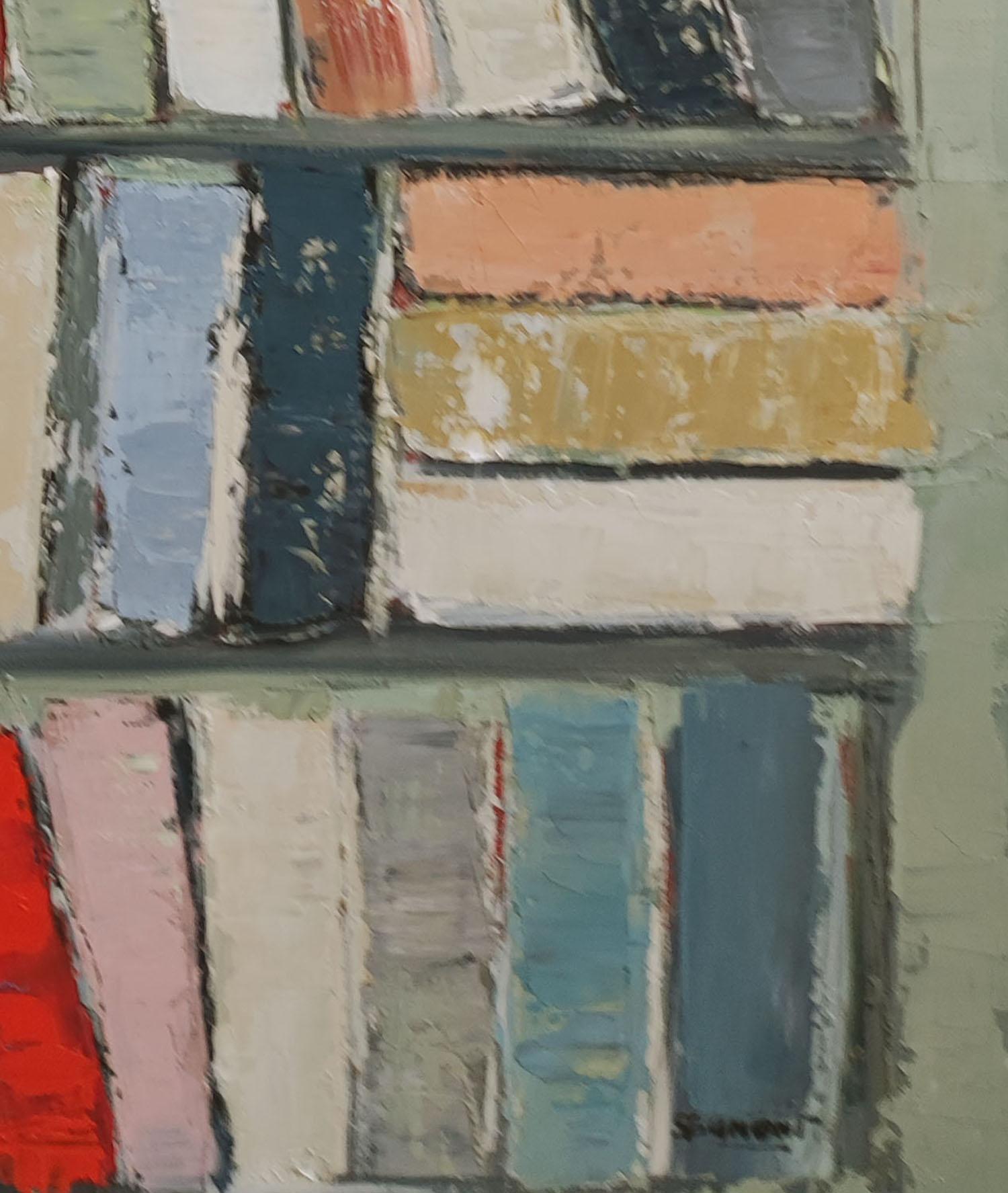 Archives, colors books in library, abstract, expressionism, oil on canvas, green For Sale 2