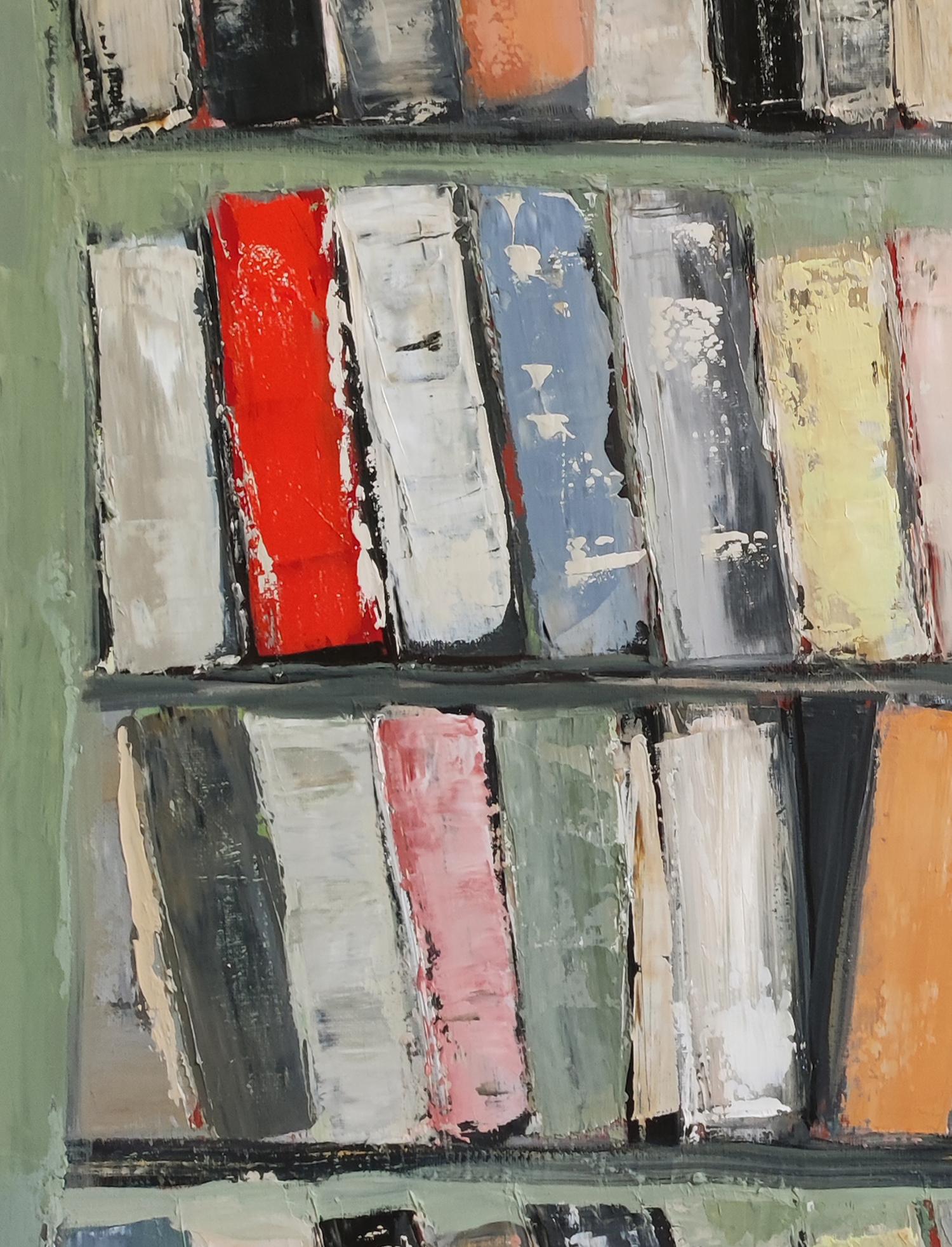 Archivteile, Farbbücher in Bibliothek, abstrakt, Expressionismus, Öl auf Leinwand, Grün im Angebot 4