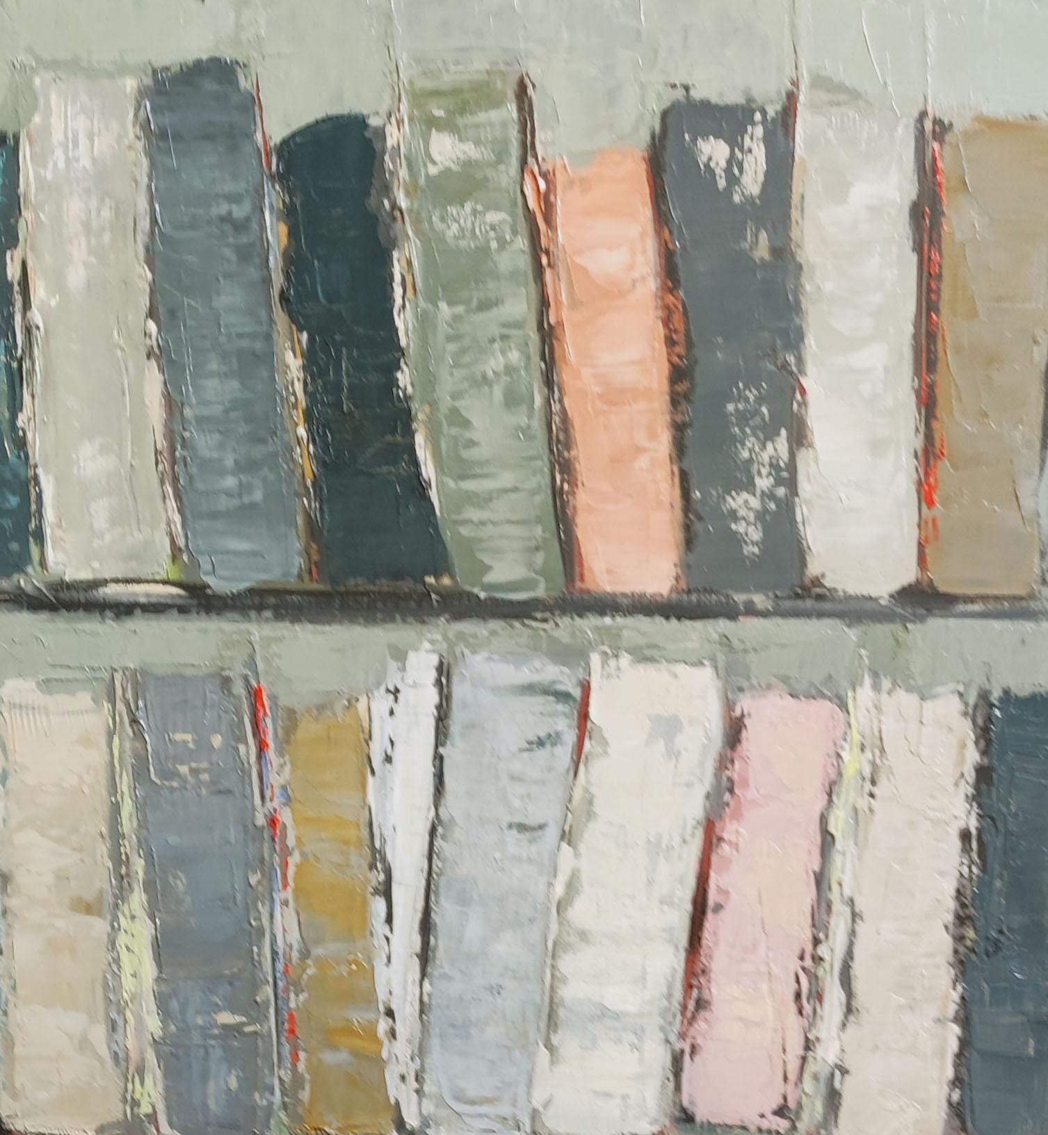 Archivteile, Farbbücher in Bibliothek, abstrakt, Expressionismus, Öl auf Leinwand, Grün im Angebot 6