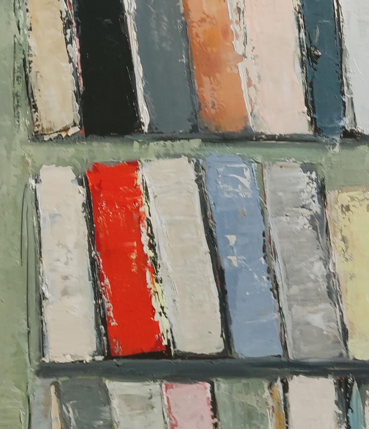 Archives, colors books in library, abstract, expressionism, oil on canvas, green For Sale 7