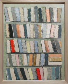 Archives, colors books in library, abstract, expressionism, oil on canvas, green