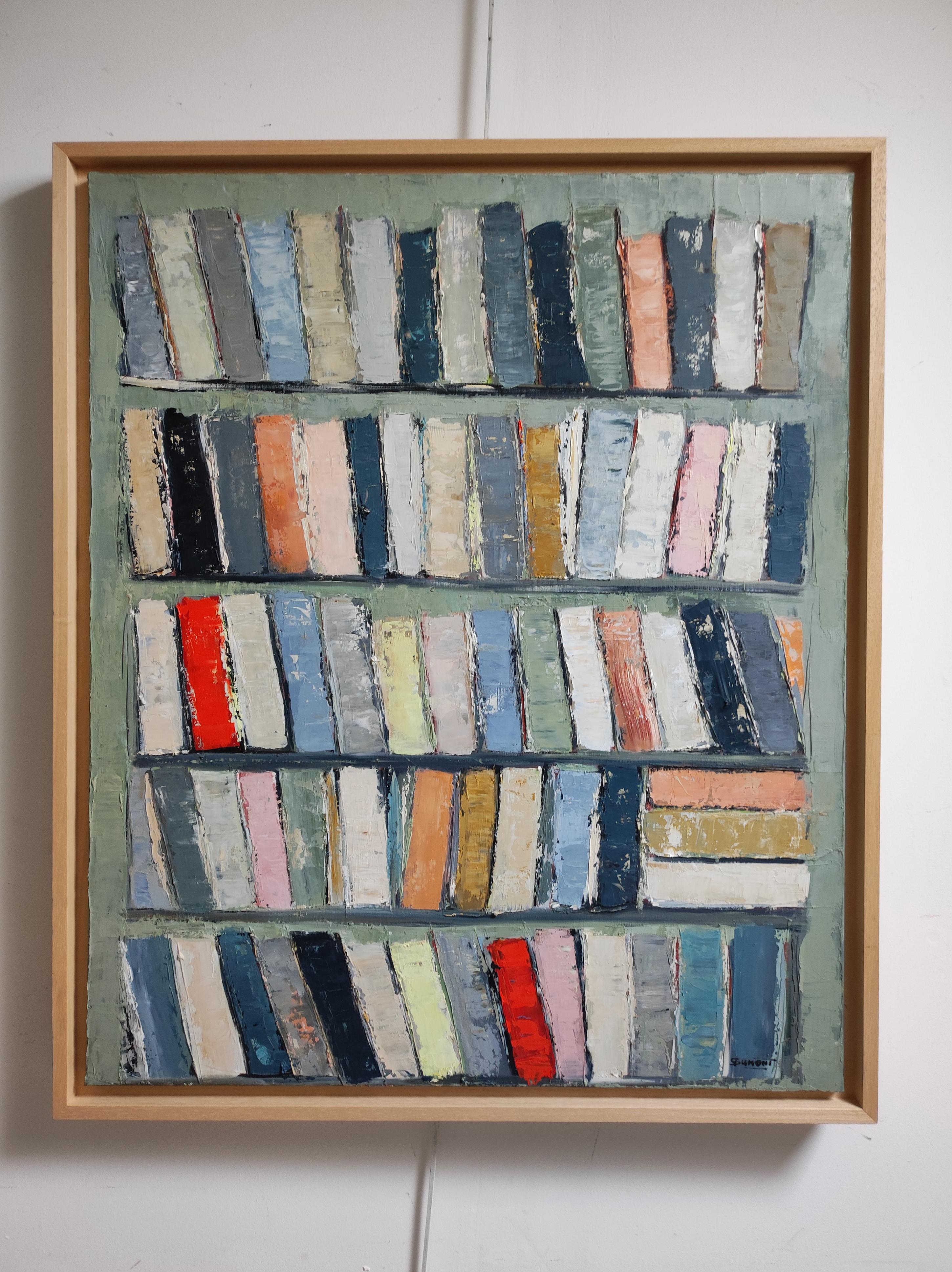 Archives, colors books in library, abstract, expressionism, oil on canvas, green For Sale 9