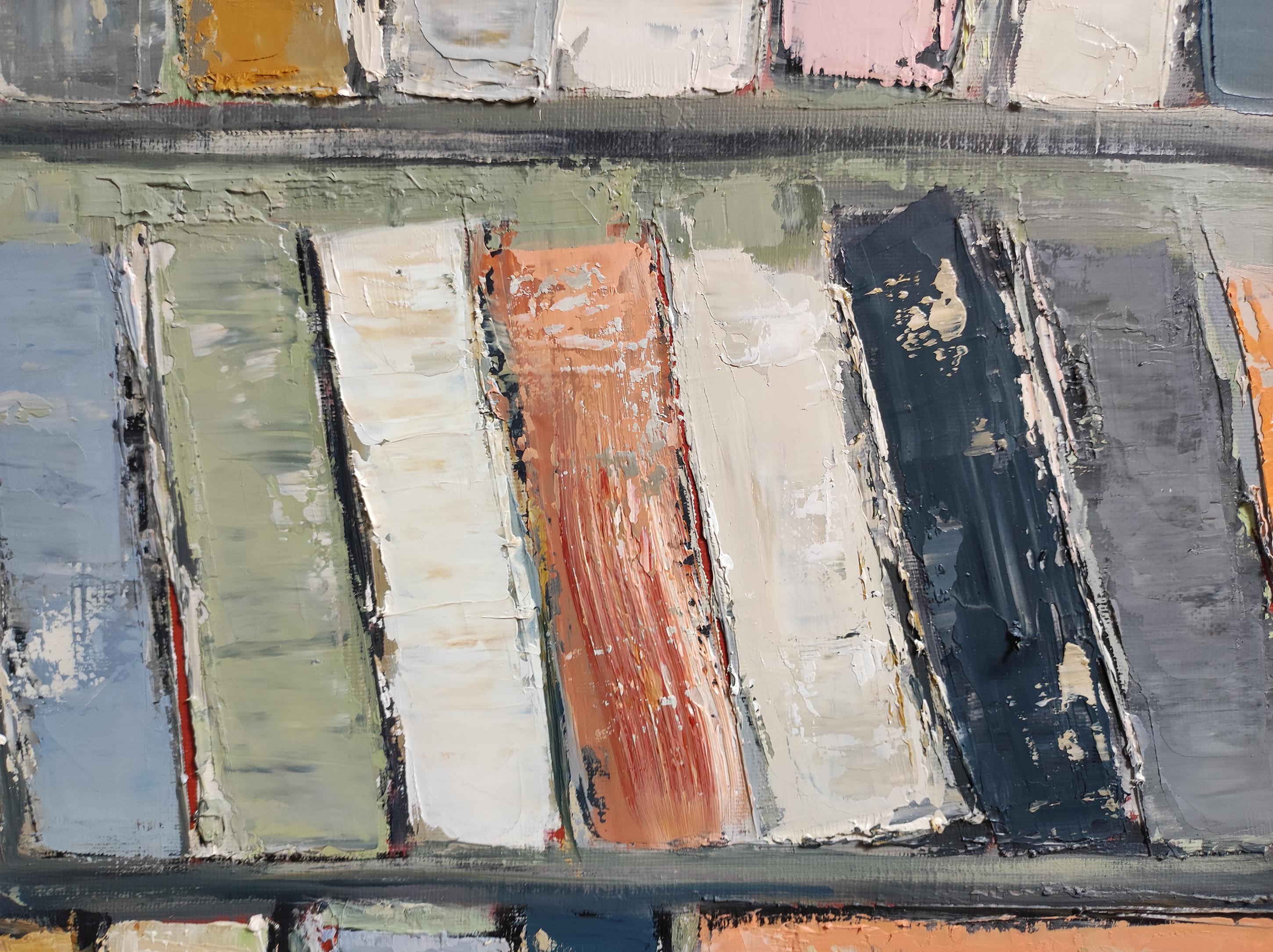 Archives, colors books in library, abstract, expressionism, oil on canvas, green For Sale 10