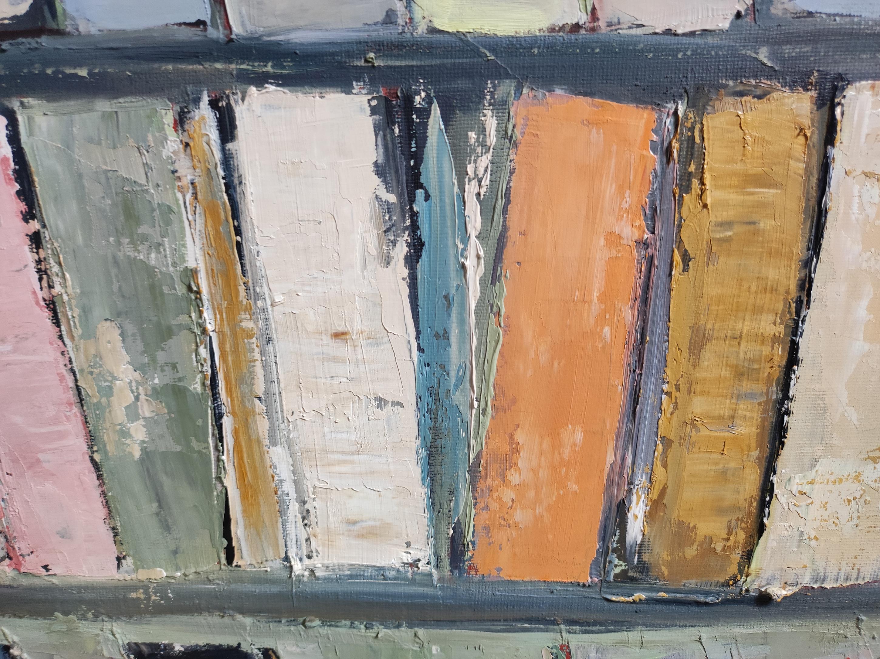 Archives, colors books in library, abstract, expressionism, oil on canvas, green For Sale 11