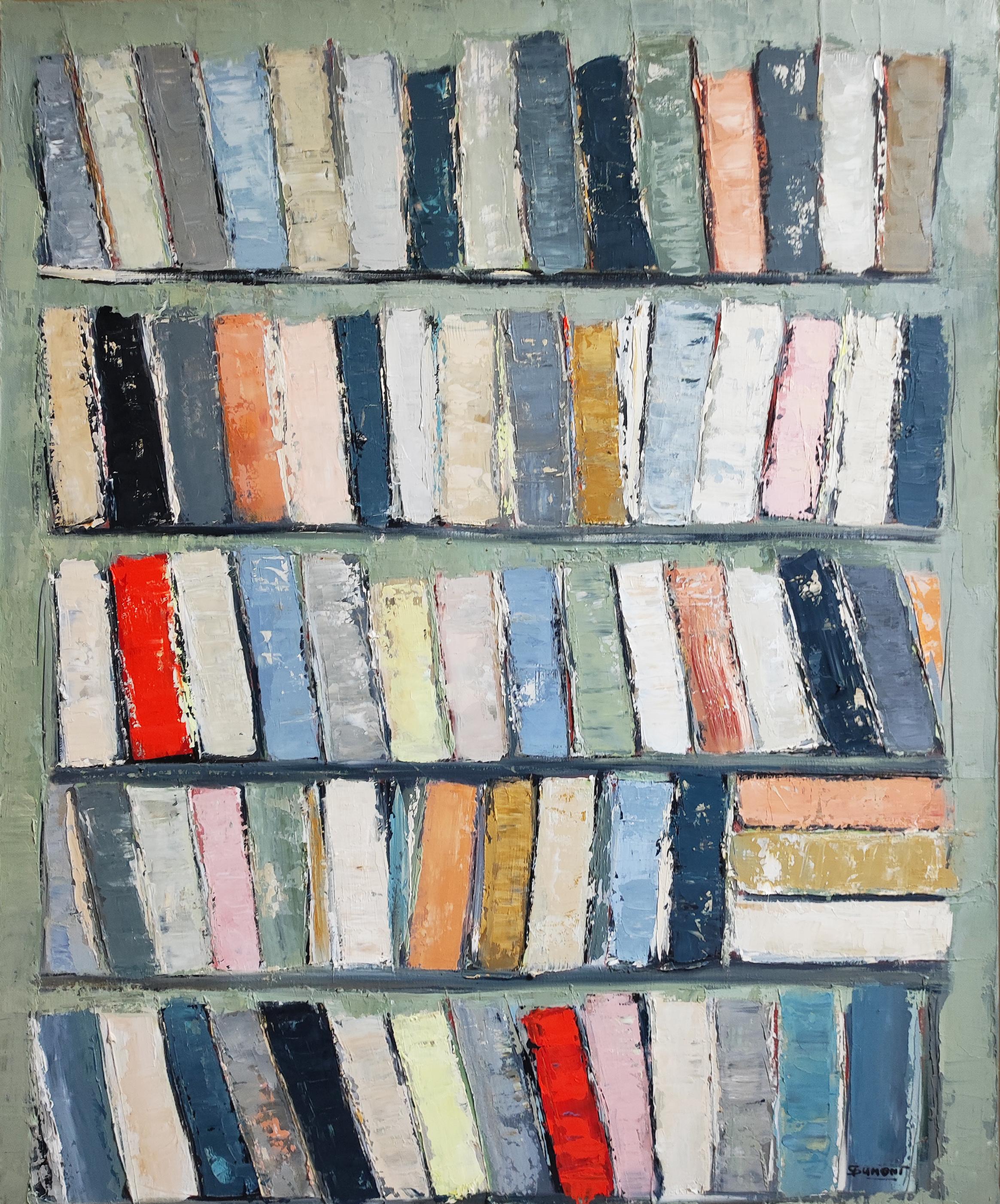 Archives, colors books in library, abstract, expressionism, oil on canvas, green - Painting by SOPHIE DUMONT
