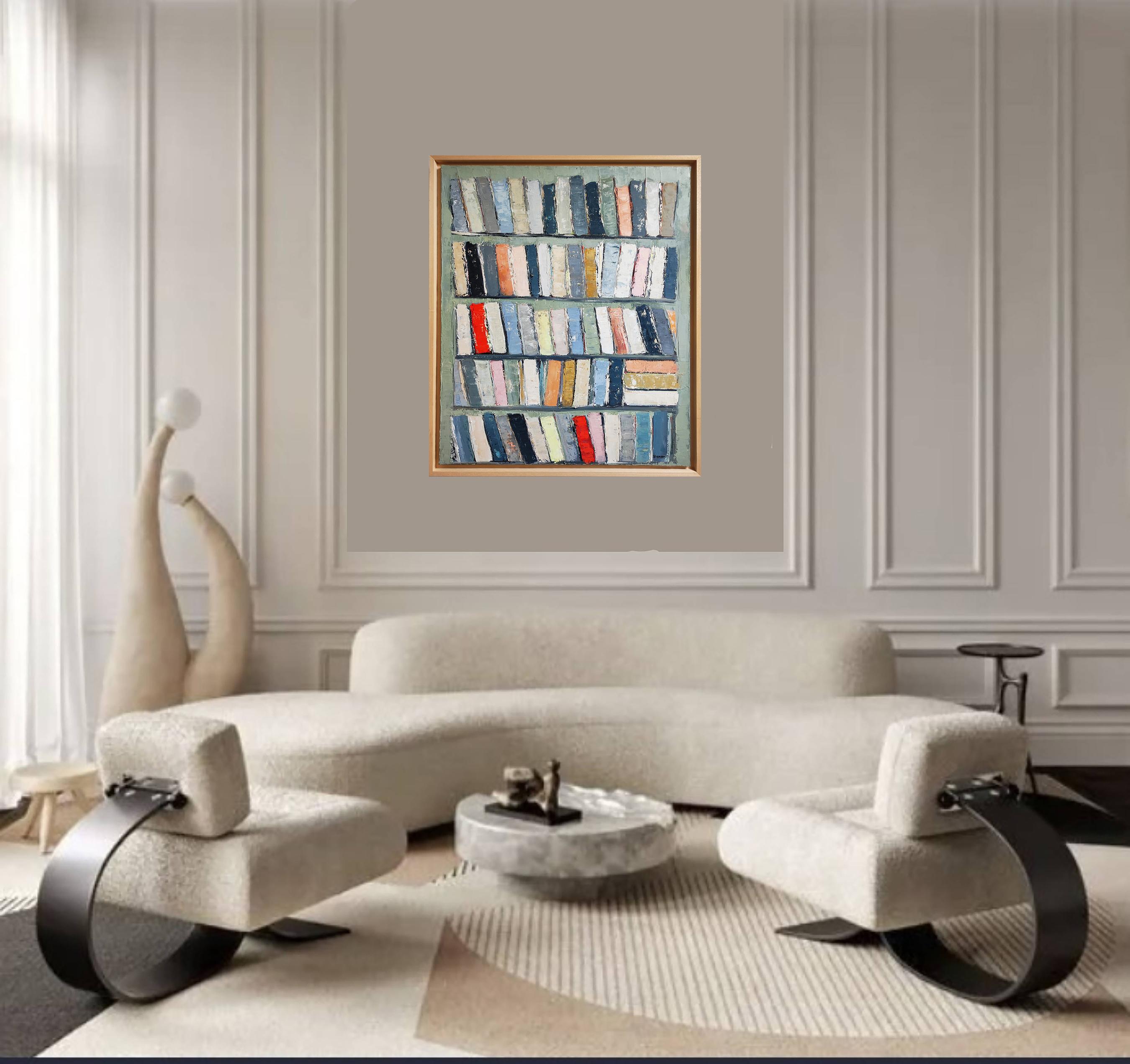 Archives, colors books in library, abstract, expressionism, oil on canvas, green - Abstract Geometric Painting by SOPHIE DUMONT