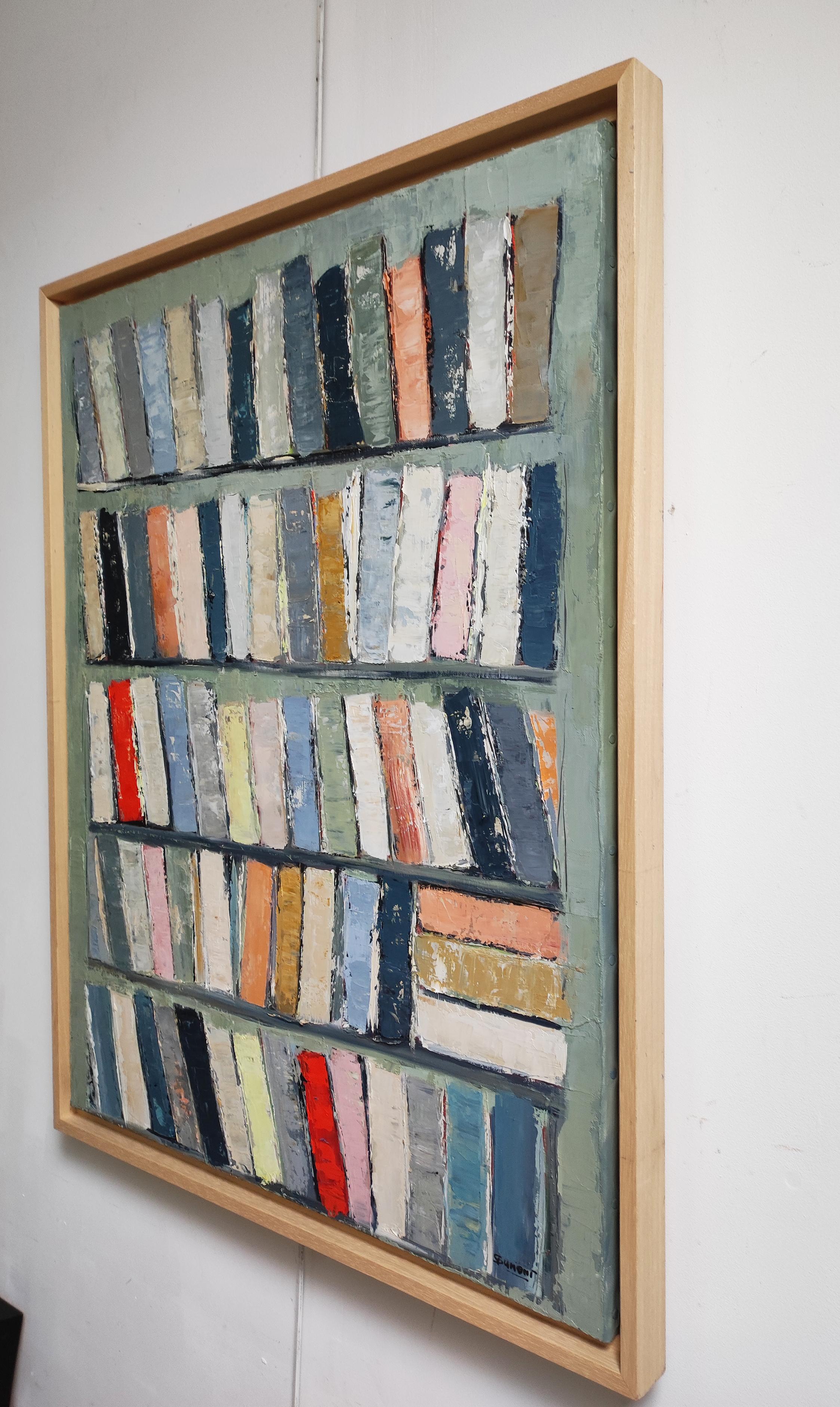 Archivteile, Farbbücher in Bibliothek, abstrakt, Expressionismus, Öl auf Leinwand, Grün im Angebot 1
