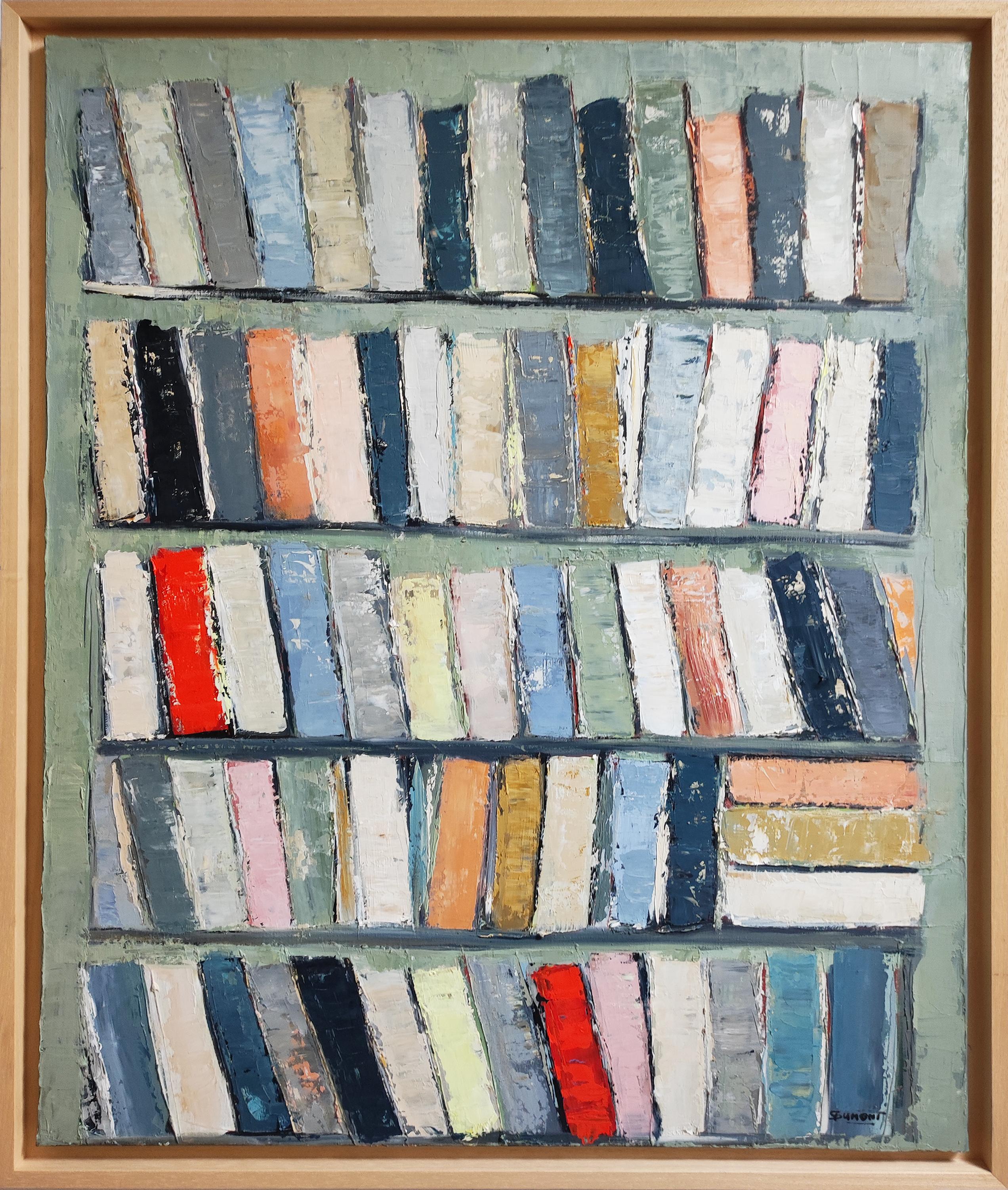 SOPHIE DUMONT Abstract Painting - Archives, colors books in library, abstract, expressionism, oil on canvas, green