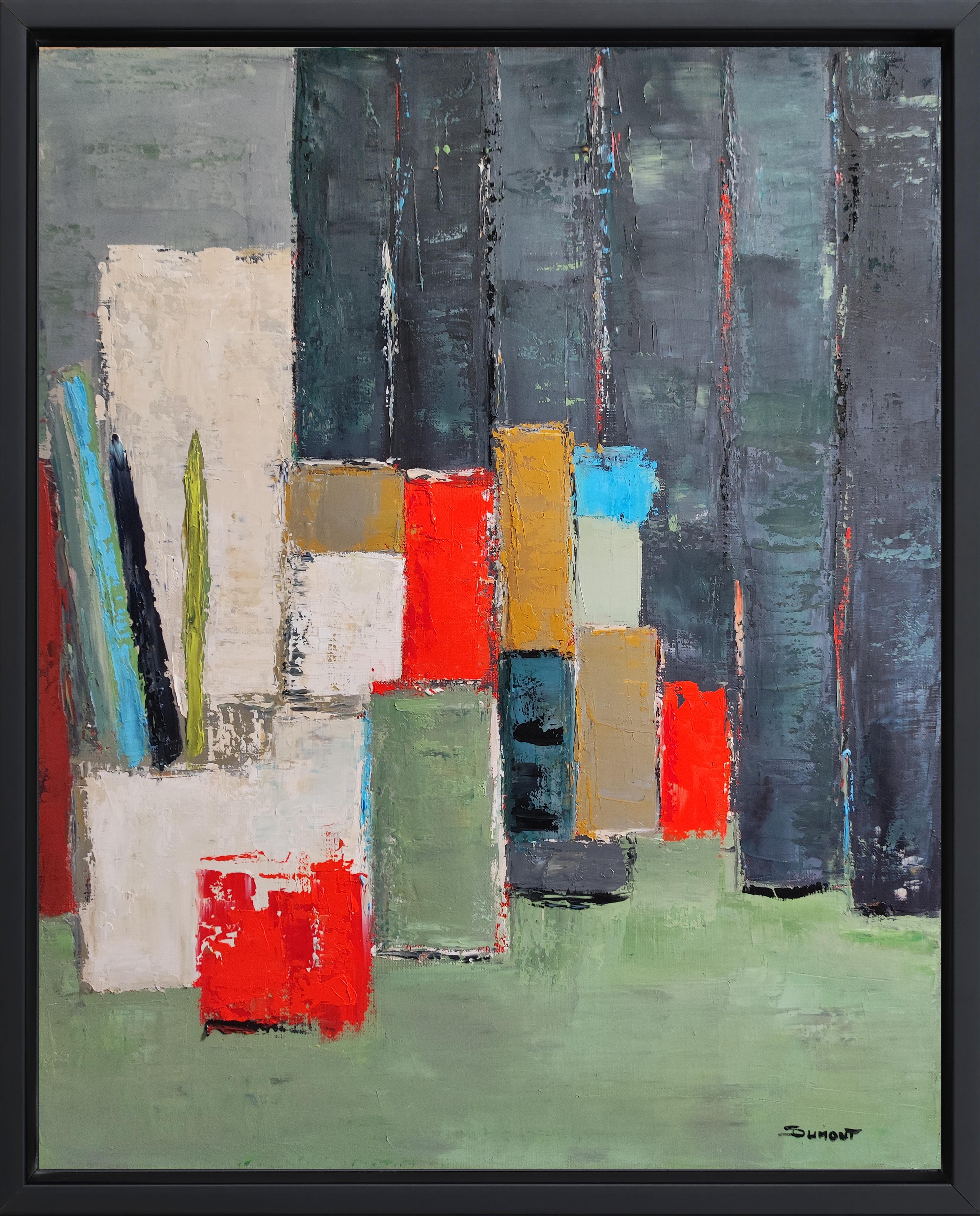 SOPHIE DUMONT Interior Painting – artist studio 2 , abstrakt; expressionismus, geometrisch, textur, öl , grün