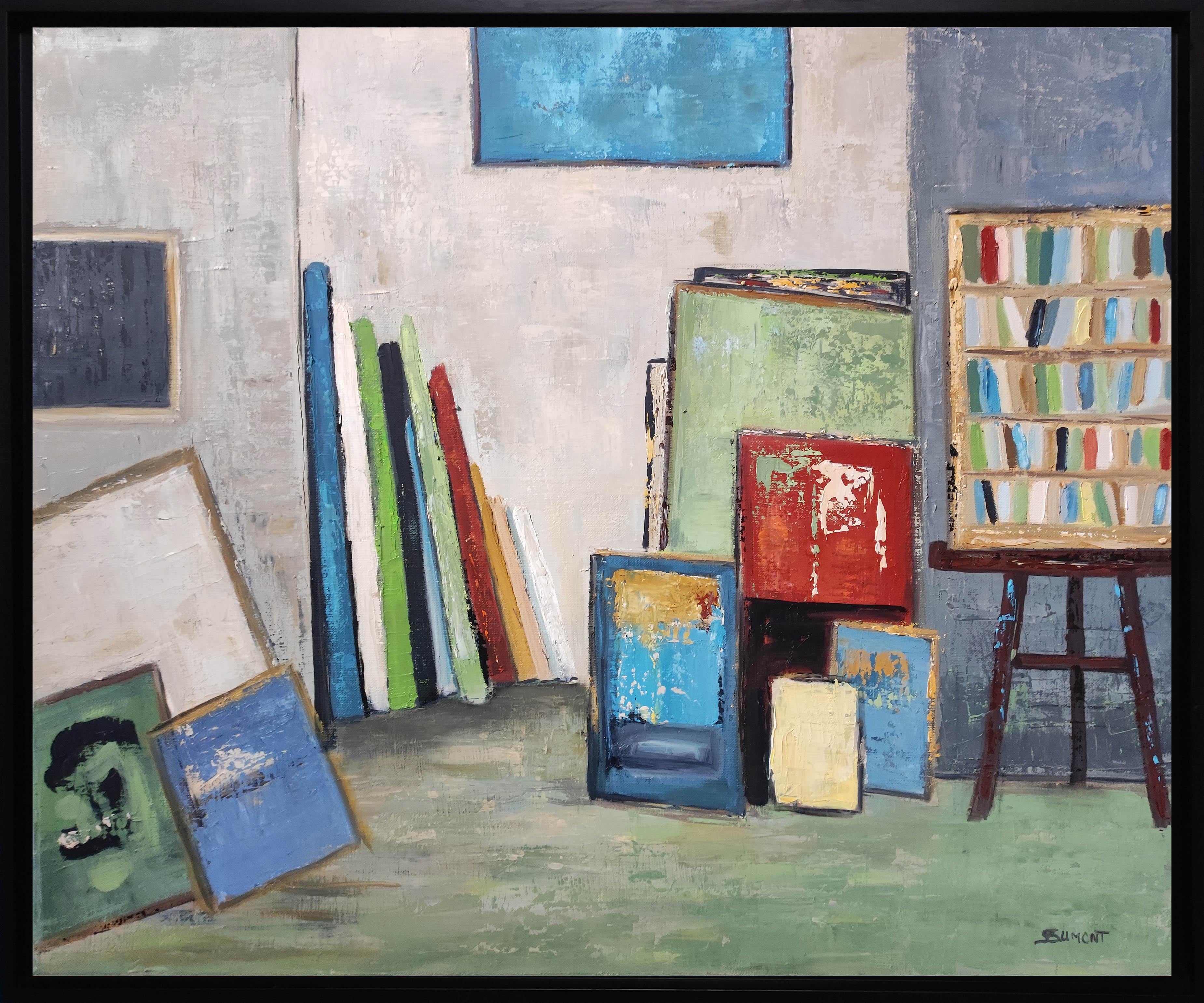 SOPHIE DUMONT Interior Painting – Künstleratelier, Abstrakt, Grün, Öl, zeitgenössisch, Expressionismus, Französisch, 2022