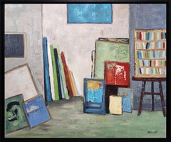 Artiste studio, abstrait, bleu, huile sur toile, contemporain, expressionnisme, français 
