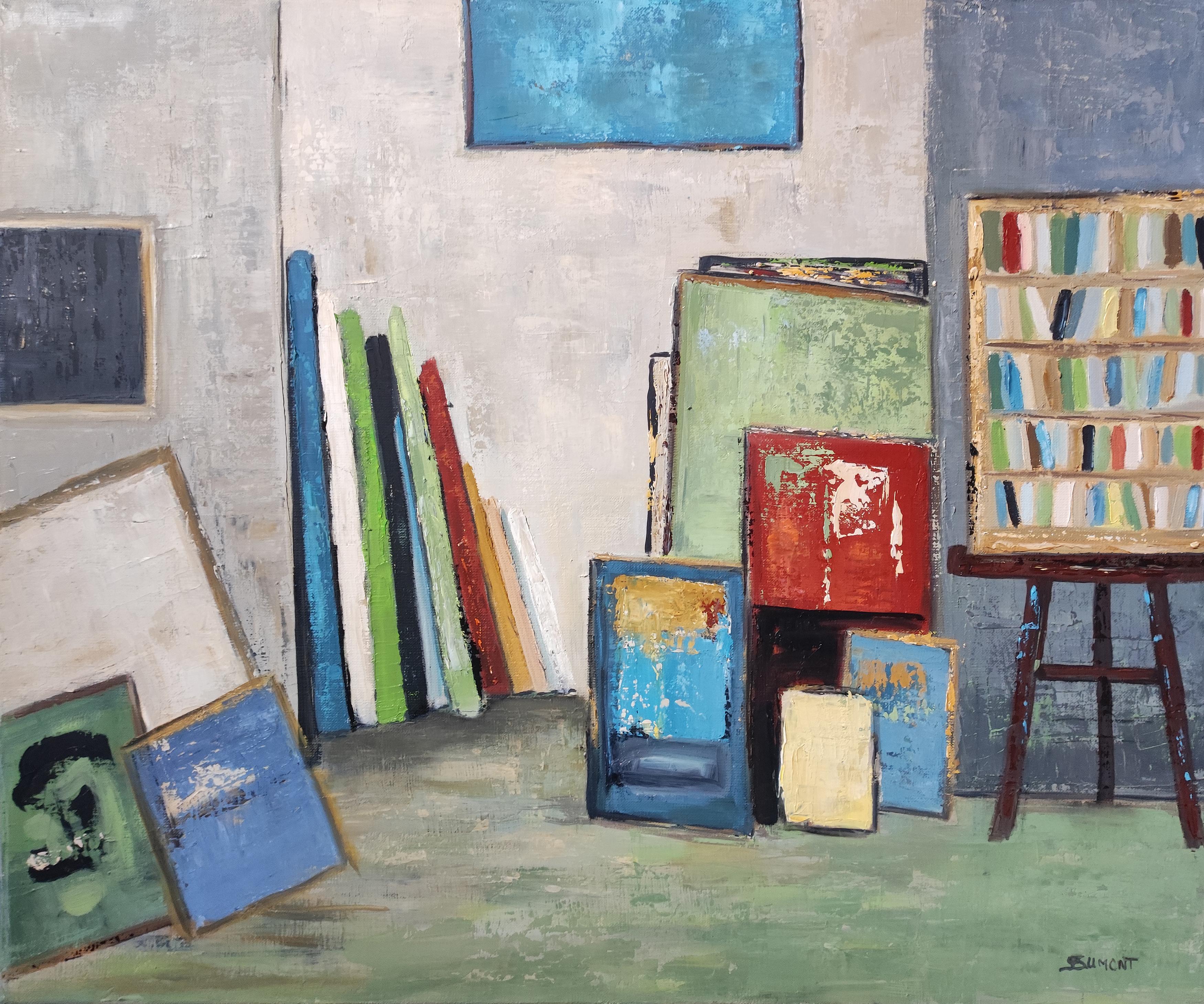 Atelier d'artiste, Abstrait, Vert, huile, contemporain, Expressionnisme, Français, 2022 - Géométrique abstrait Painting par SOPHIE DUMONT