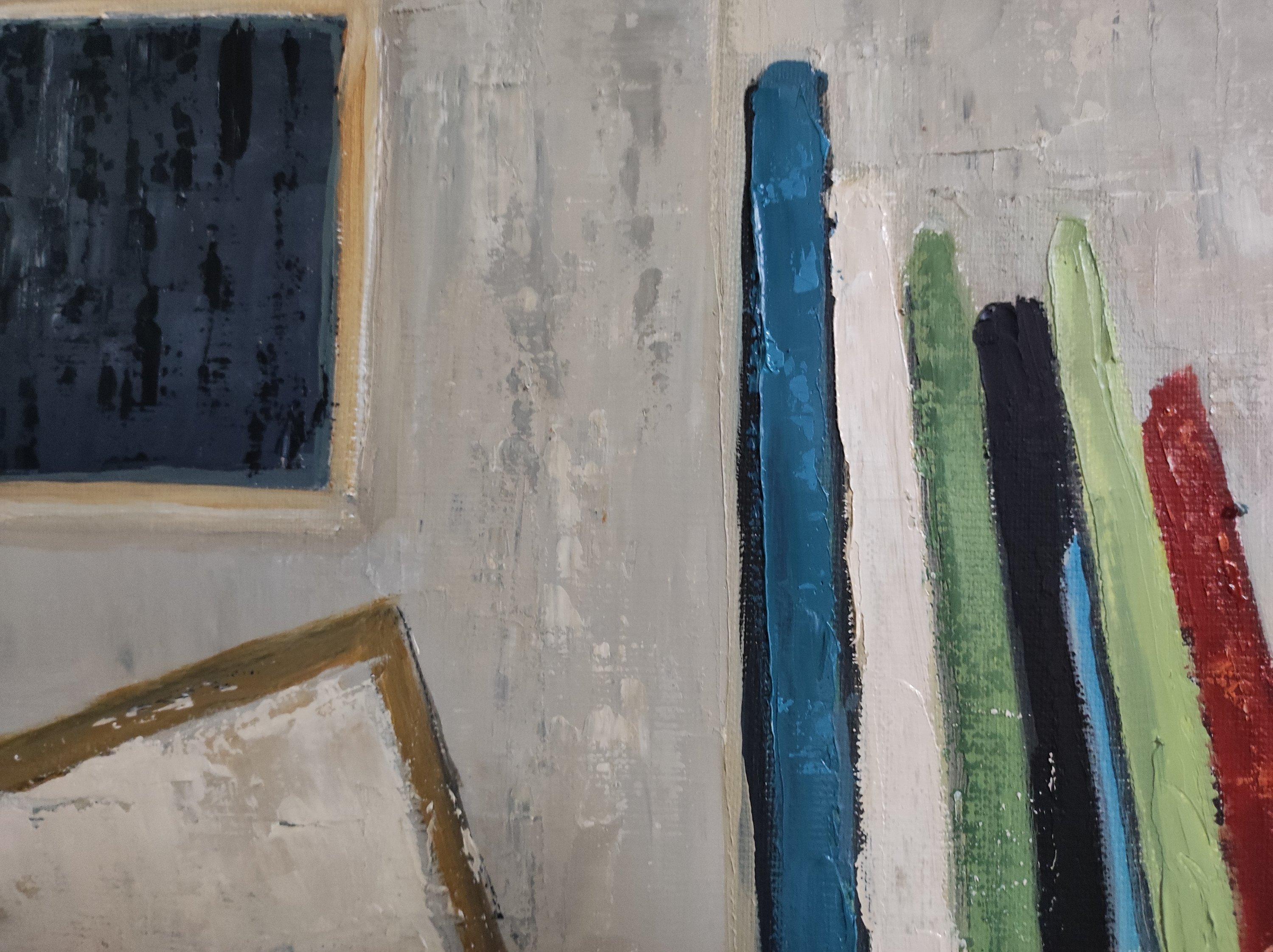 Dans cet atelier pictural, l'artiste propose une symphonie visuelle où la palette de couleurs s'anime avec une dominante de vert et de bleu. Ces teintes créent un mélange harmonieux, plongeant le spectateur dans un océan de nuances. L'utilisation du