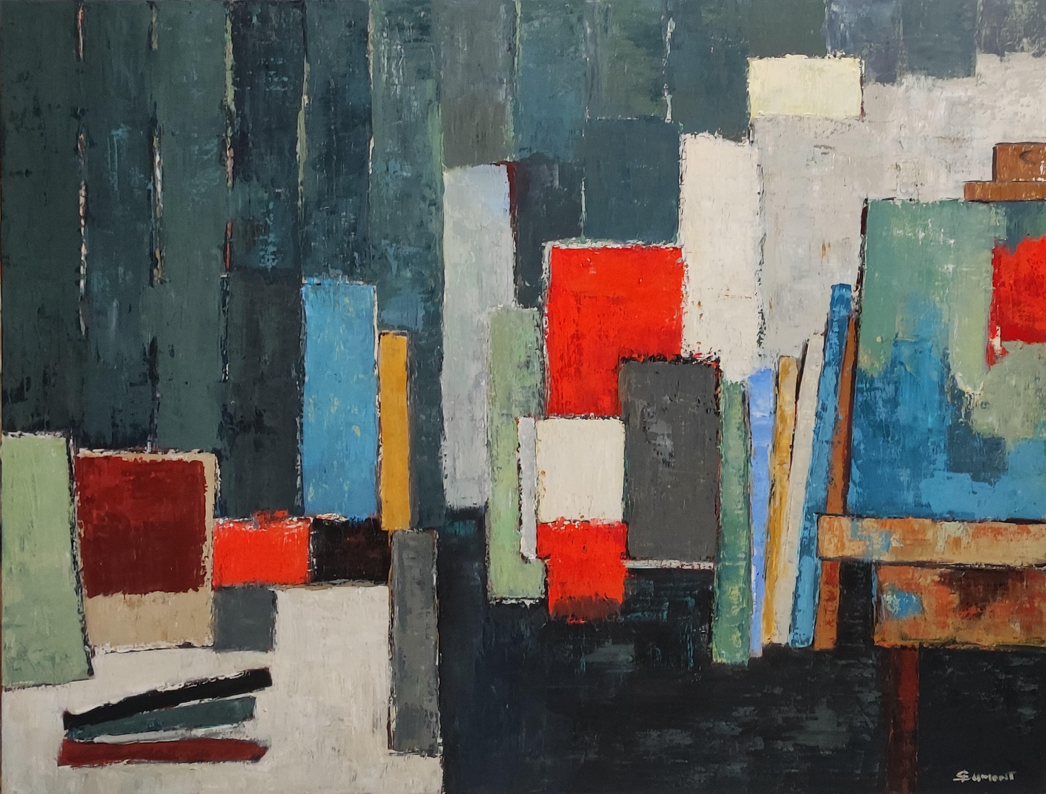 SOPHIE DUMONT Abstract Painting – Atelier 10, abstrakt, geometrisch, Öl auf Leinwand,  Großformatiges, Expressionismus