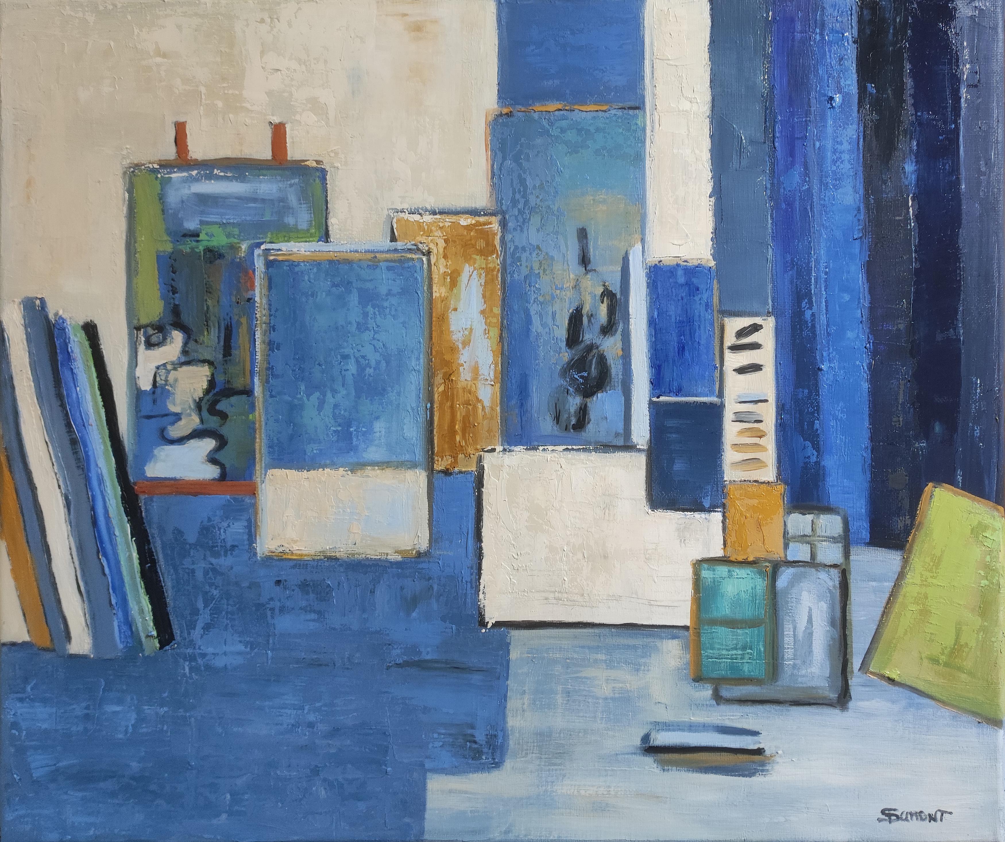 Atelier 14, astratto, blu, olio su tela, contemporeaneo, espressionismo, francese - Painting di SOPHIE DUMONT
