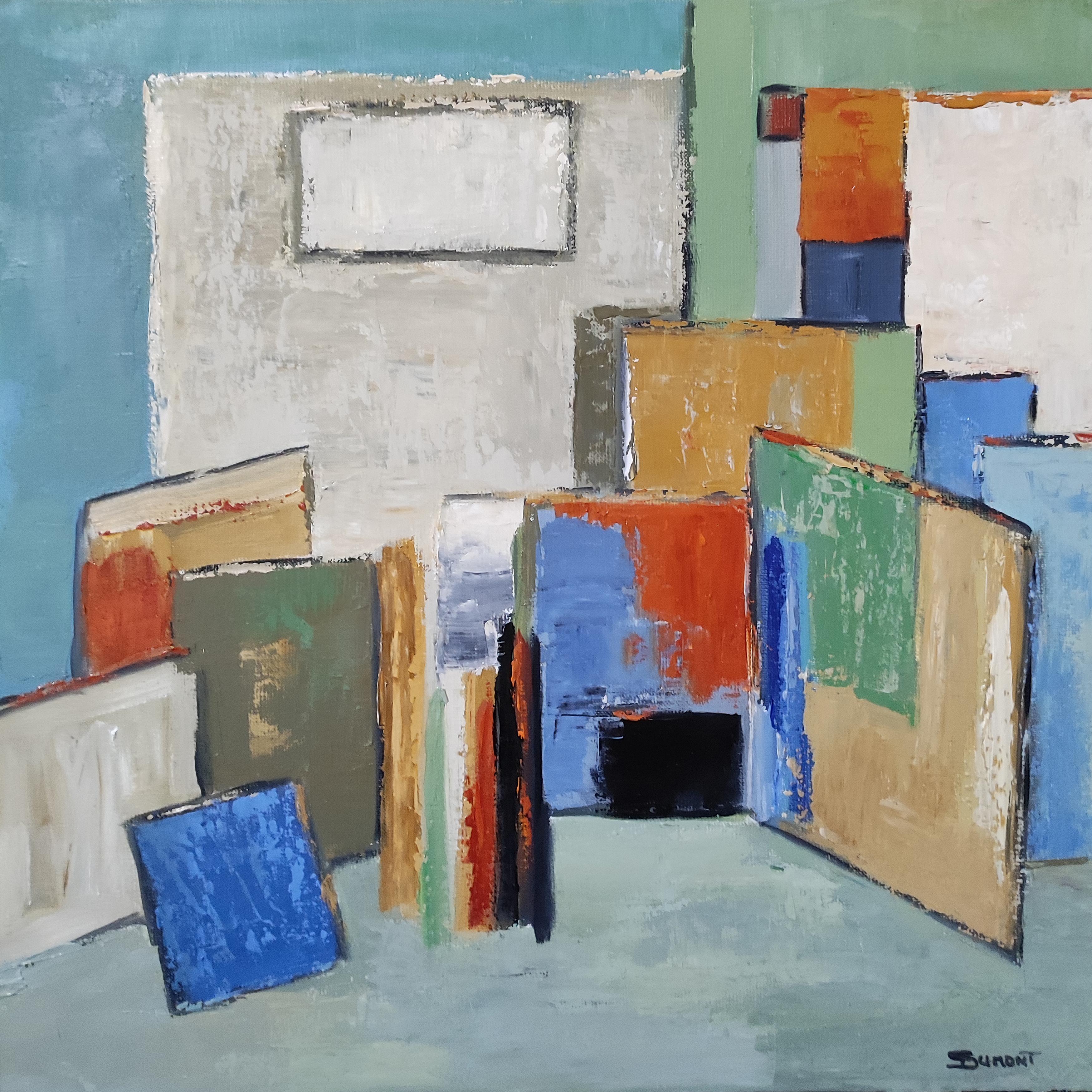 atelier 20, blue abstract still life, artist studio, oil on canvas, 2023 - Painting by SOPHIE DUMONT