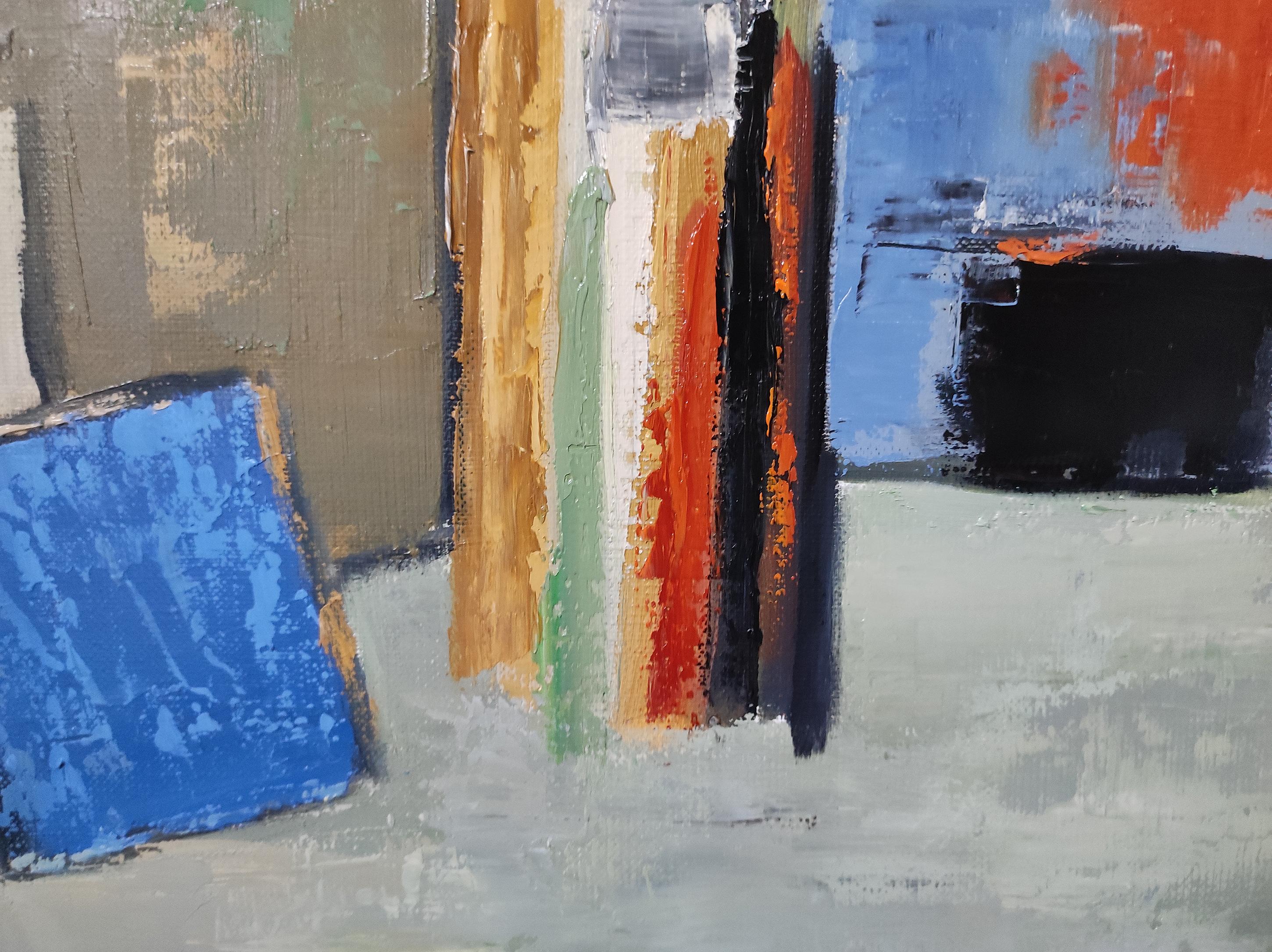 atelier 20, blue abstract still life, artist studio, oil on canvas, 2023 For Sale 4