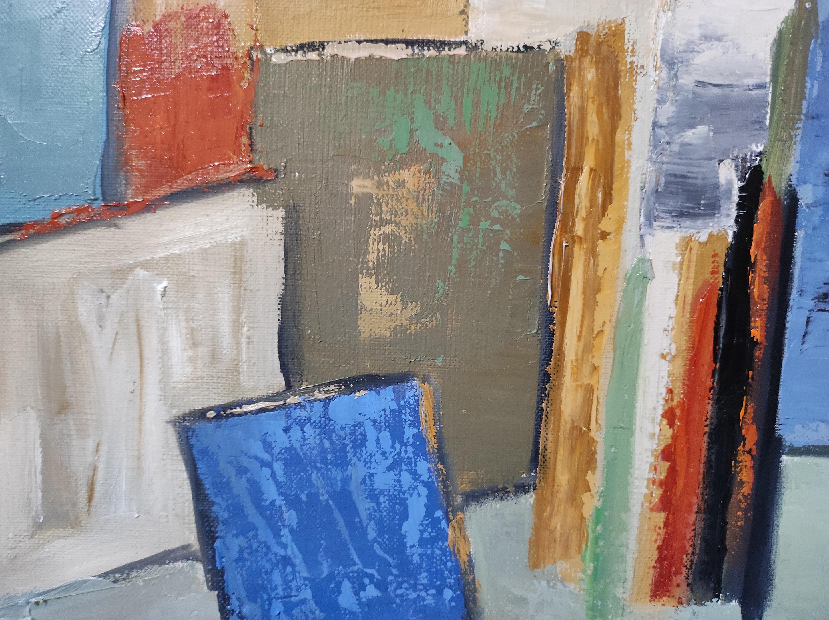 atelier 20, blue abstract still life, artist studio, oil on canvas, 2023 For Sale 5