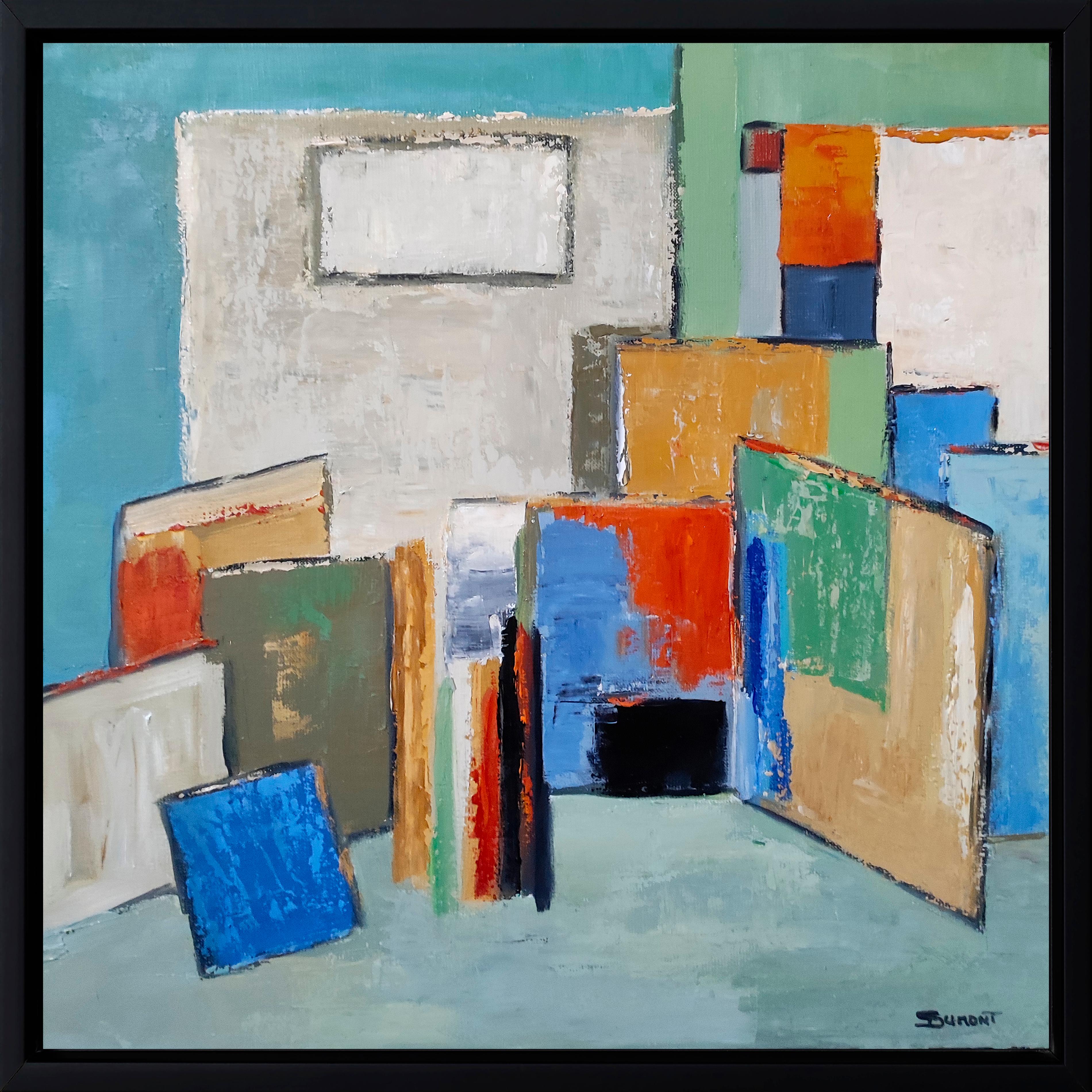 SOPHIE DUMONT Interior Painting - atelier 20, blue abstract still life, artist studio, oil on canvas, 2023