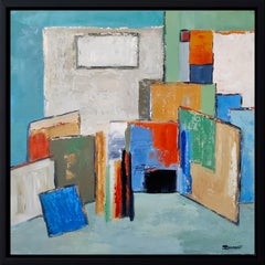 Vintage atelier 20, blue abstract still life, artist studio, oil on canvas, 2023