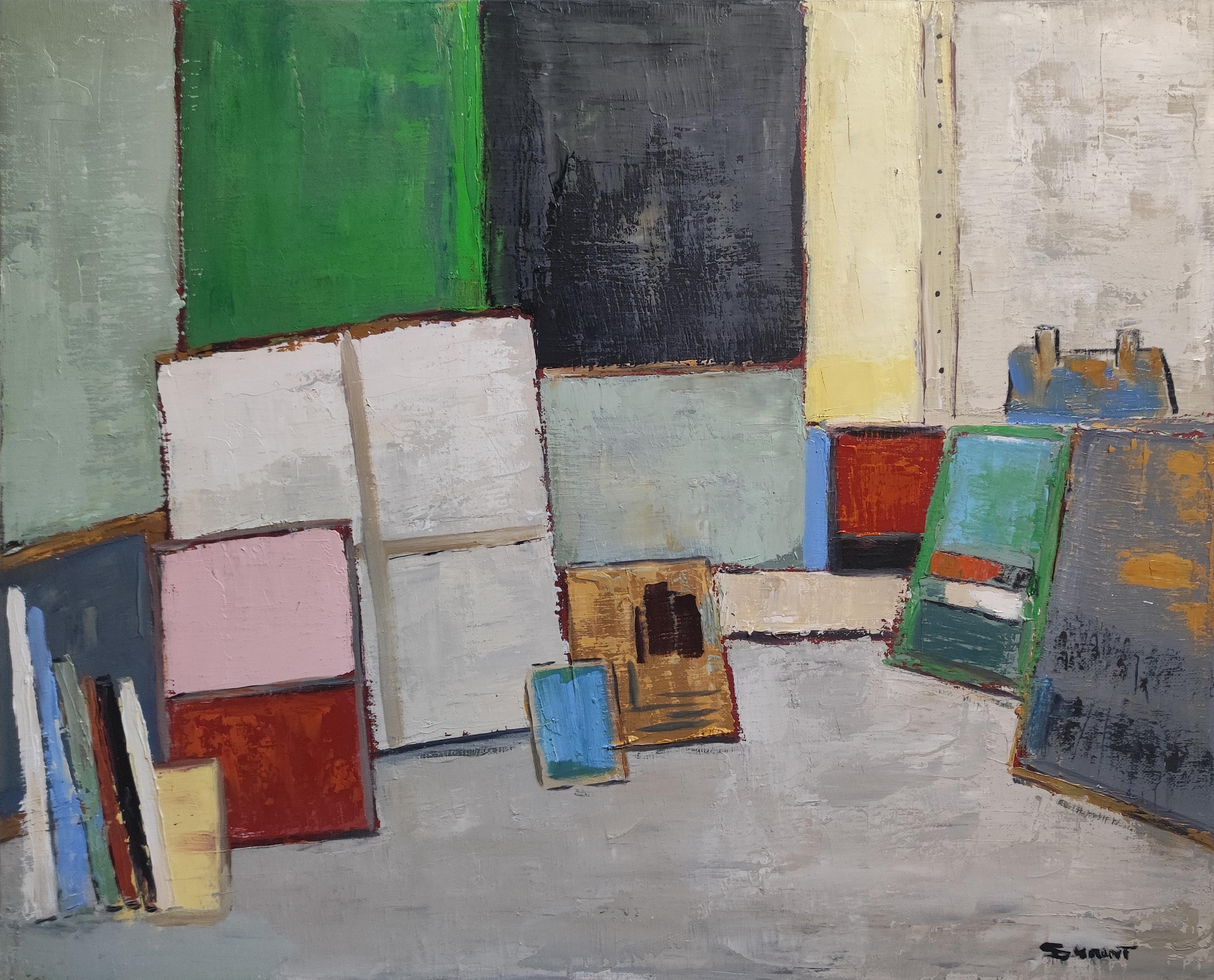 atelier 21, artist studio, green, impasto, abstract, expressionism, french art - Painting by SOPHIE DUMONT