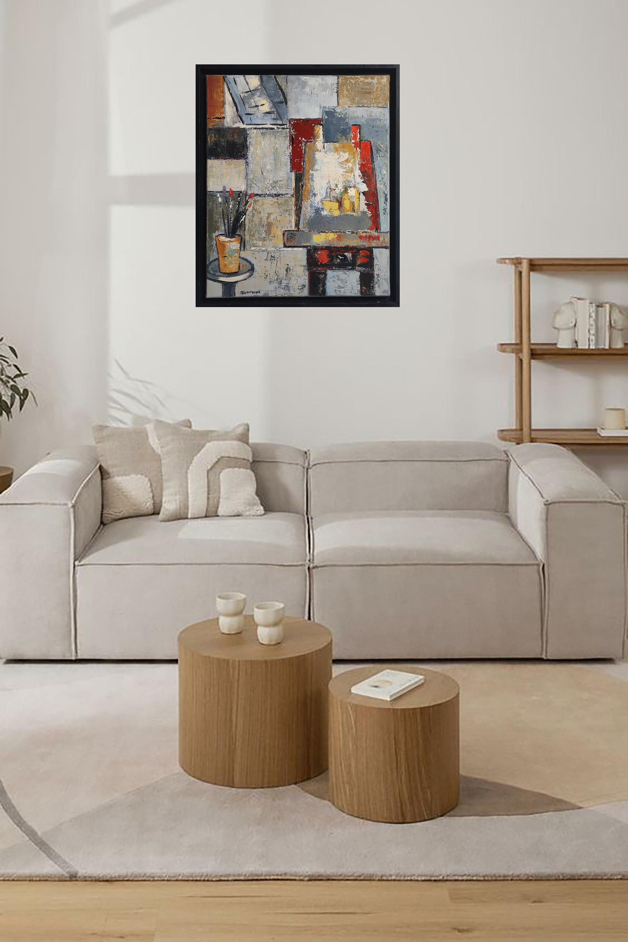 Atelier 8, Studio astratto, Espressionismo, Olio su tela, Contemporaneo francese - Interior Painting Grigio di SOPHIE DUMONT