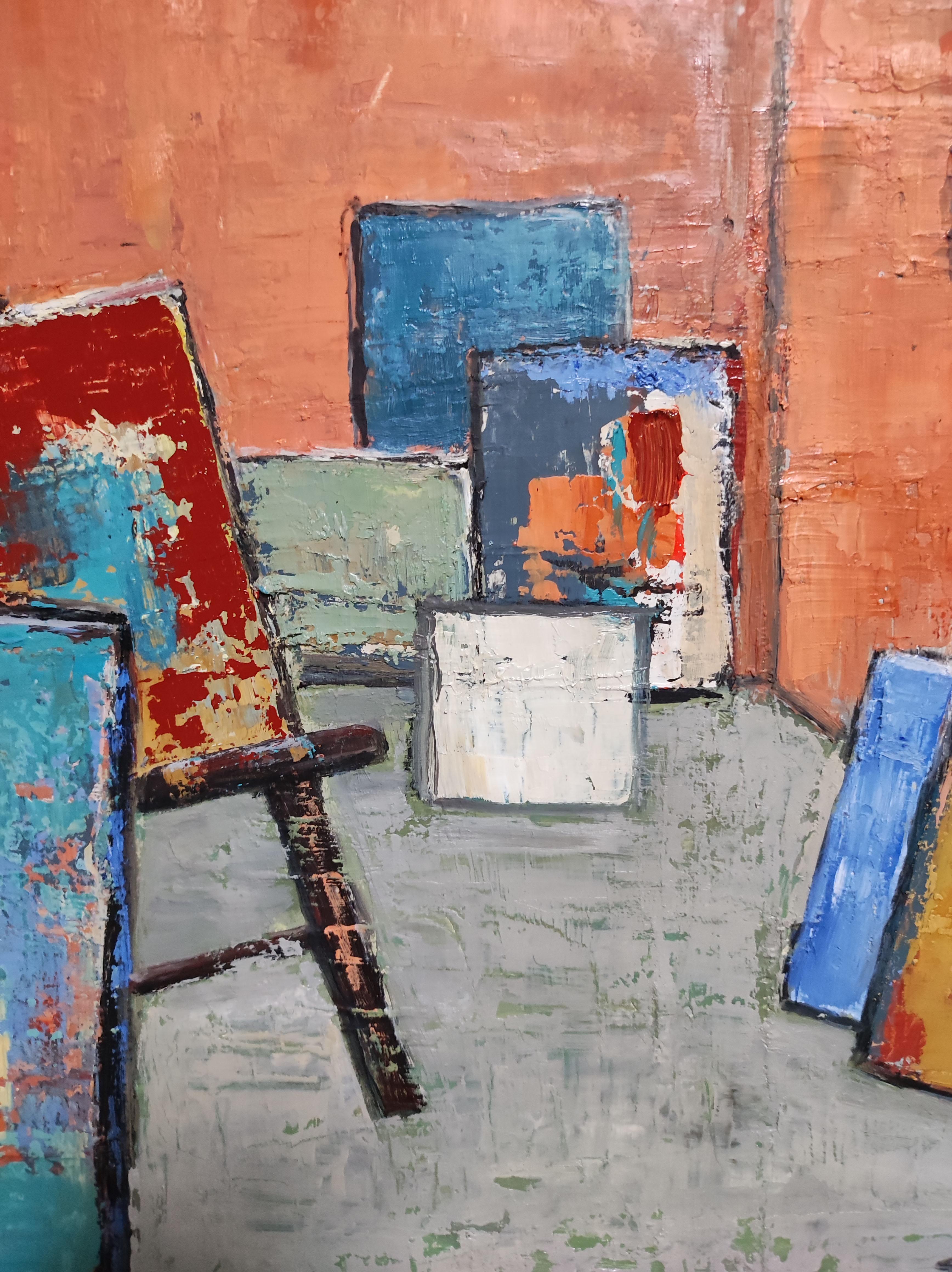 Abstract artist's studio in orange hues with a texture that is still present and hues that vibrate with the succession of layers on the canvas. The canvases are scattered on the floor or on an easel, just like in the artist's studio, which plunges