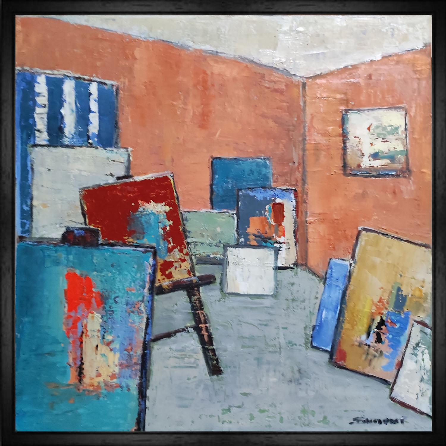 SOPHIE DUMONT Abstract Painting - atelier 9, still life, abstract studio, oil on canvas, expressionism, french