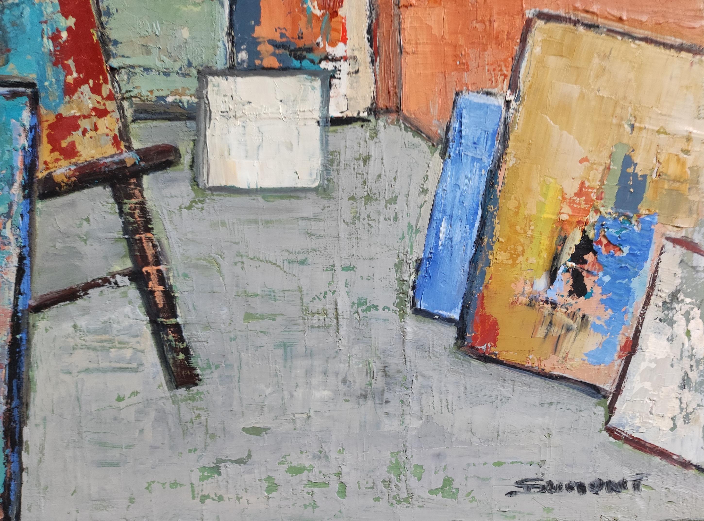 atelier 9, still life, abstract studio, oil on canvas, expressionism, french For Sale 10