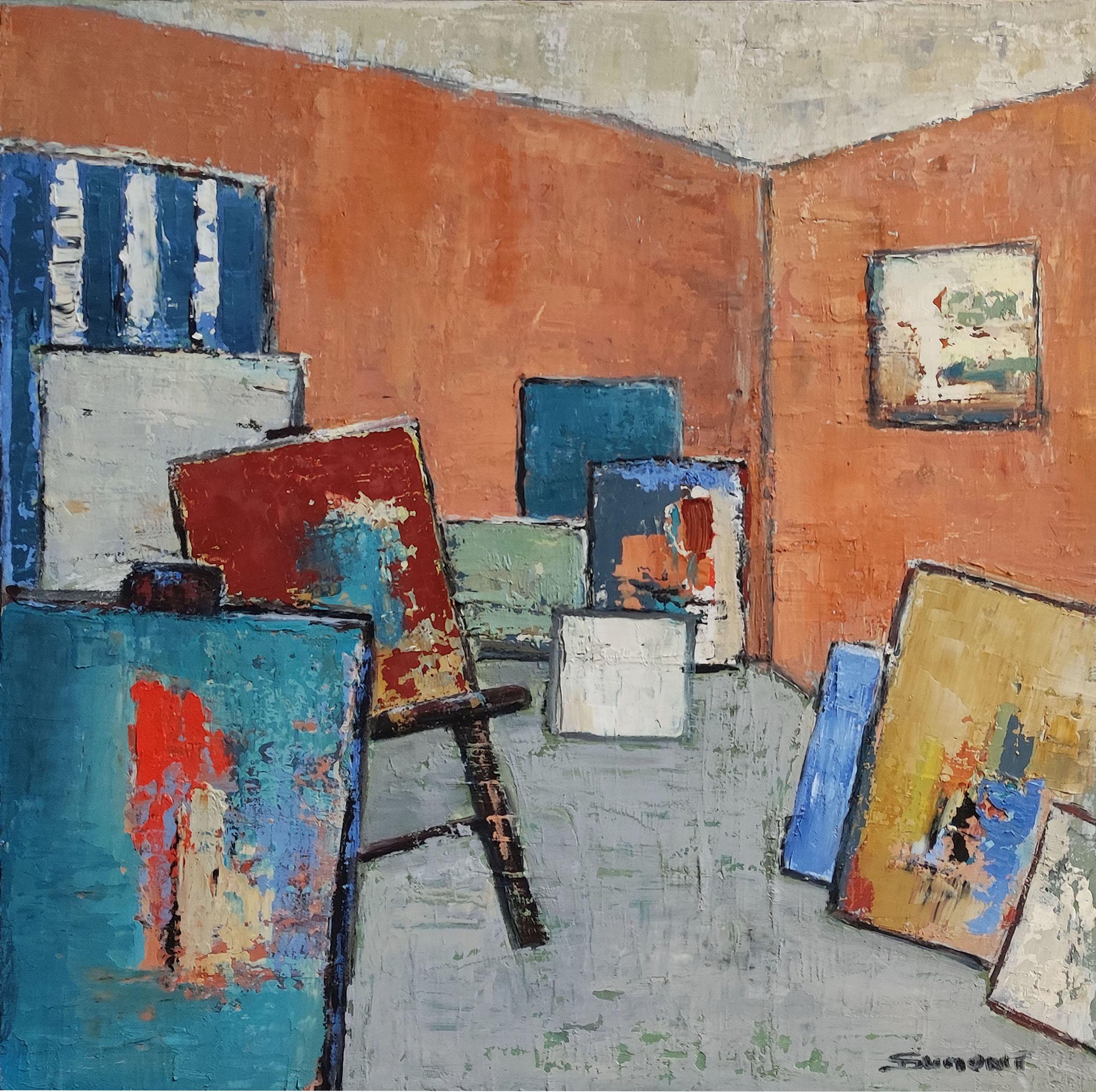 atelier 9, still life, abstract studio, oil on canvas, expressionism, french - Painting by SOPHIE DUMONT
