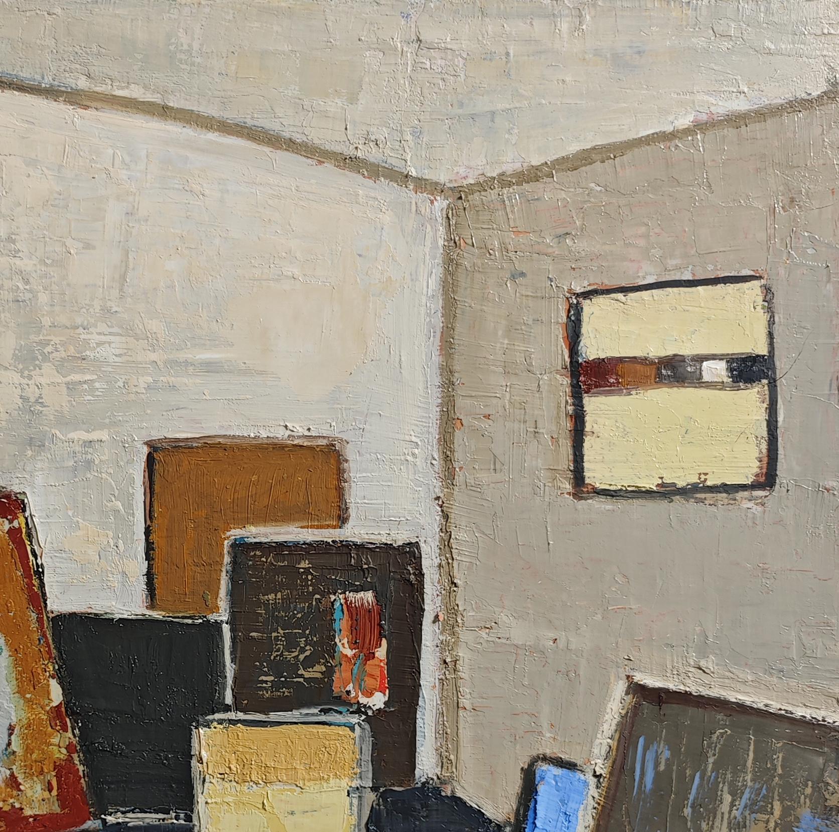 Au Cœur de l'Atelier è un'opera intima che ci immerge nel mondo creativo dell'artista. Attraverso questo olio su tela, Sophie DUMONT ci invita a esplorare lo spazio che precede la creazione, dove le tele incompiute si mescolano ai materiali grezzi.