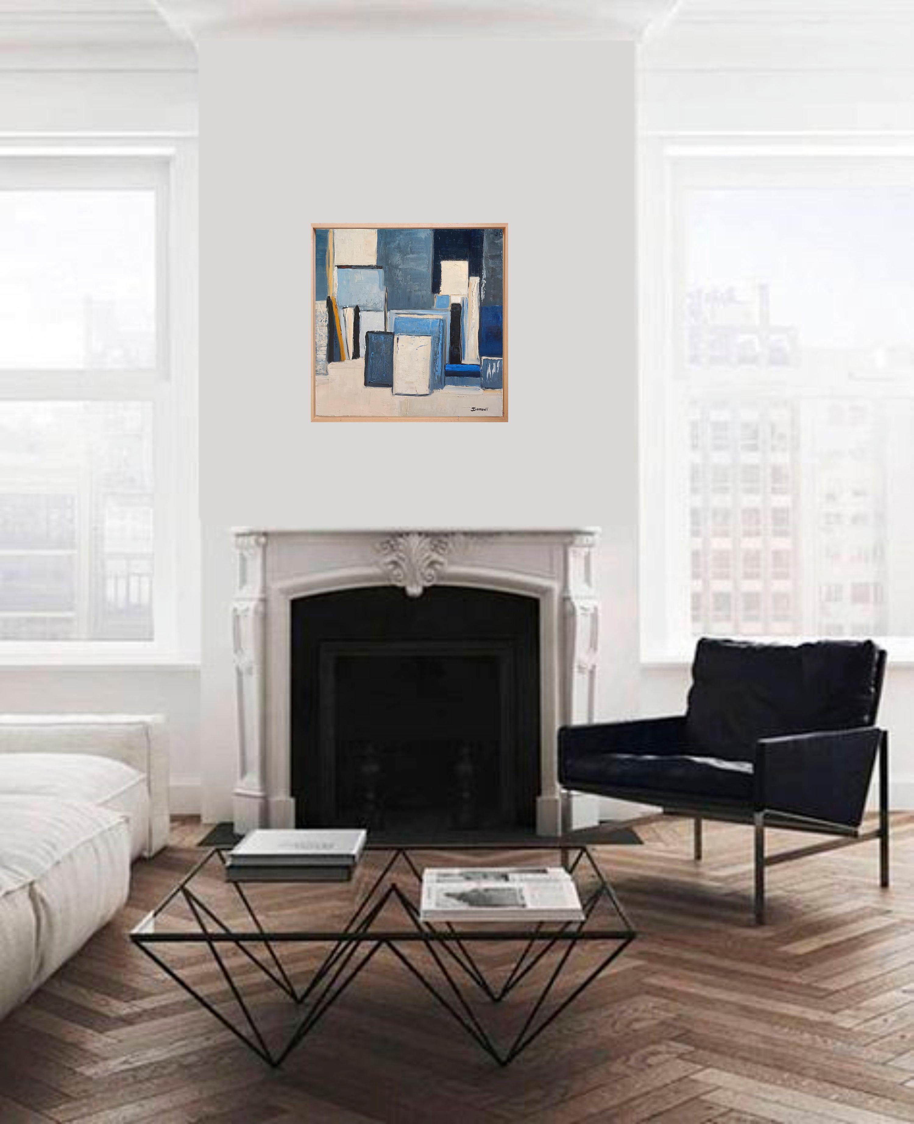 atelier bleu, abstrait, huile sur toile, contemporain, expressionnisme, art français - Géométrique abstrait Painting par SOPHIE DUMONT