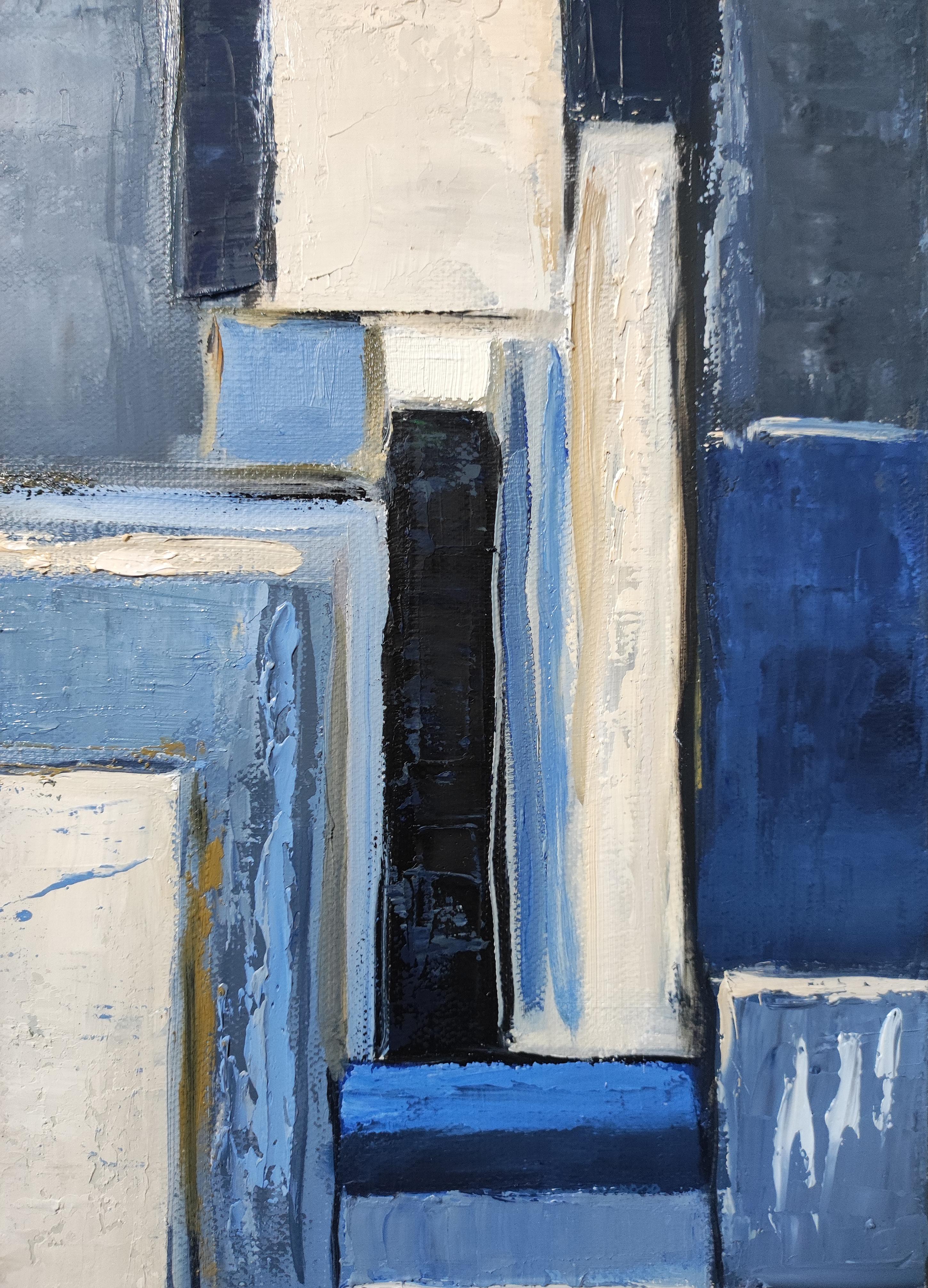 atelier bleu, abstrait, huile sur toile, contemporain, expressionnisme, art français en vente 1