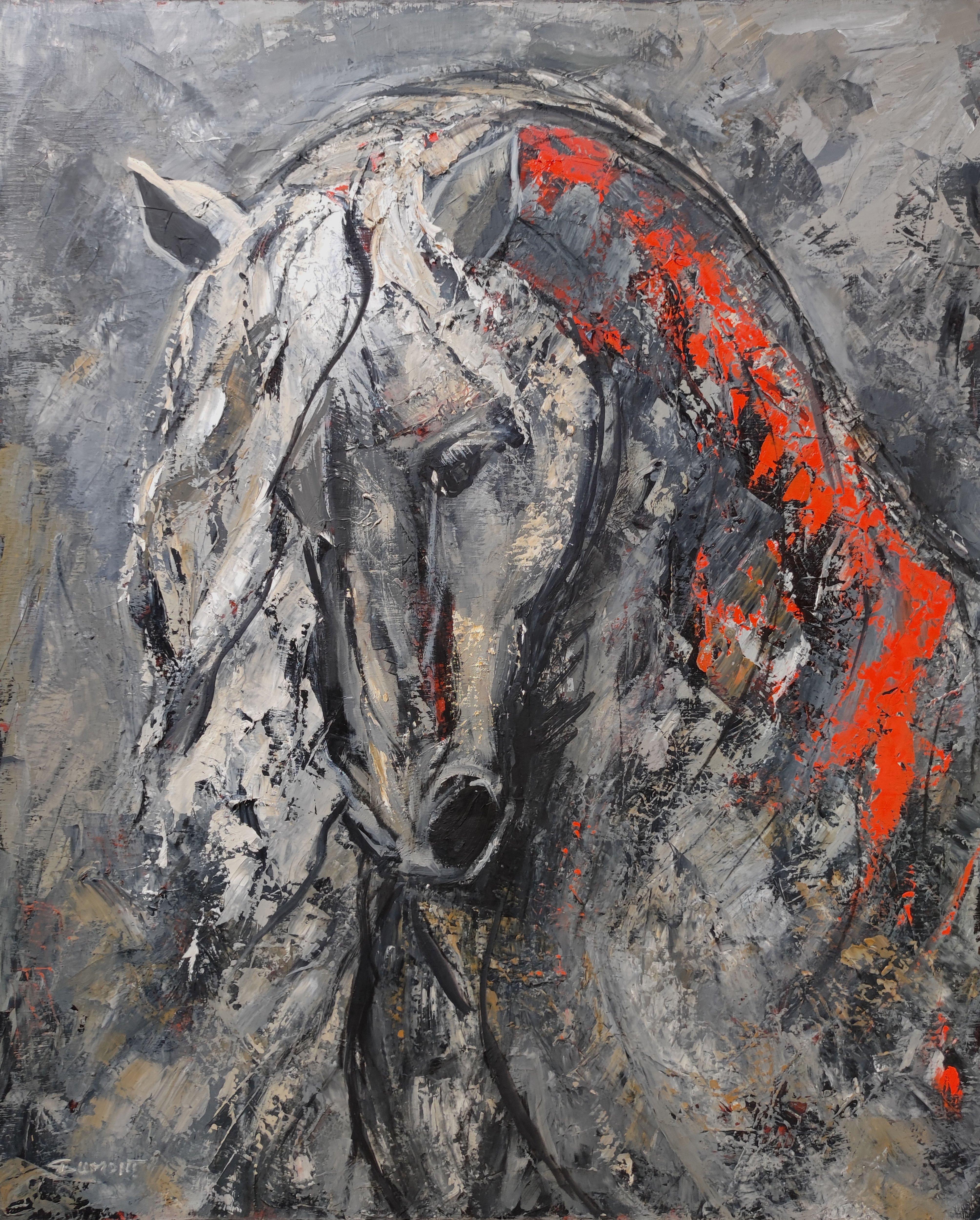 attitude, horse, figurative expressionism, oil on canvas, textured, impasto red - Painting by SOPHIE DUMONT