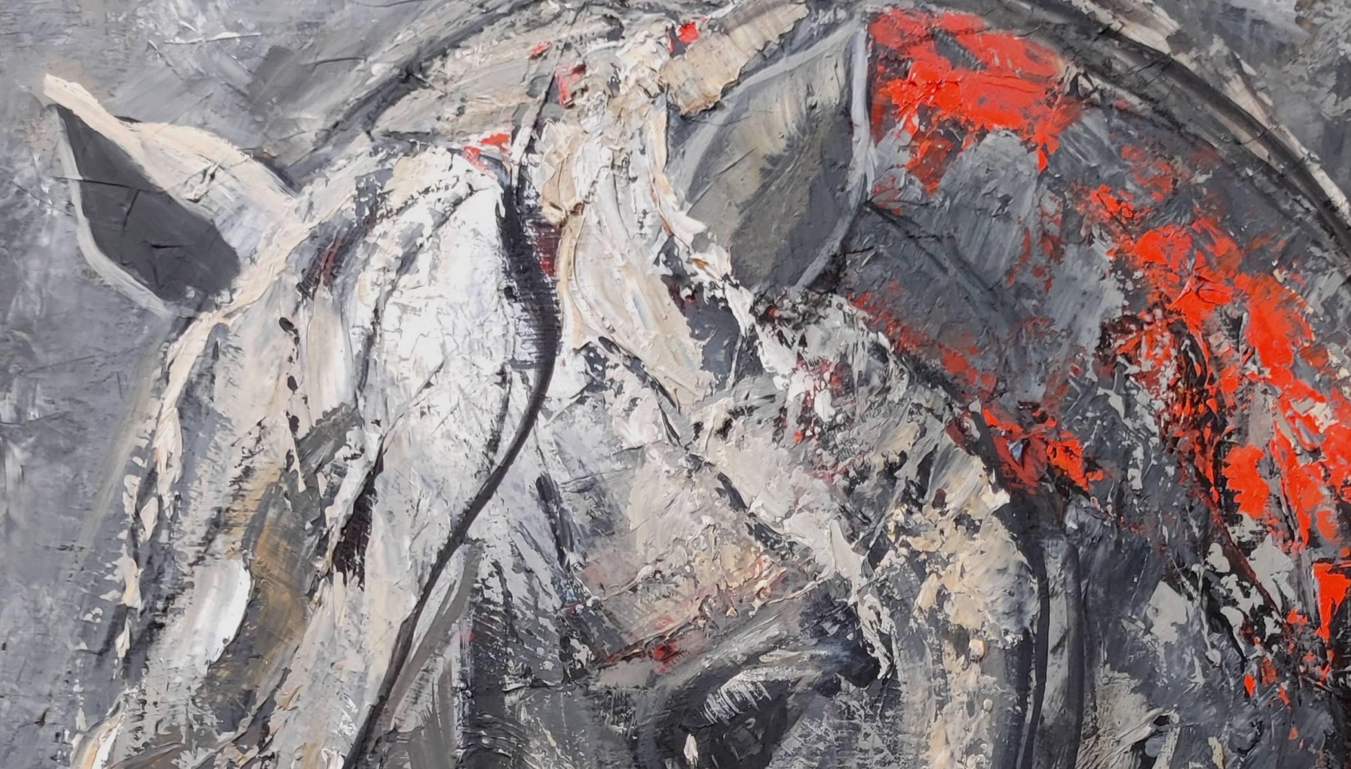 Haltung, Pferd, figurativer Expressionismus, Öl auf Leinwand, strukturiert, Impasto-Rot (Grau), Animal Painting, von SOPHIE DUMONT