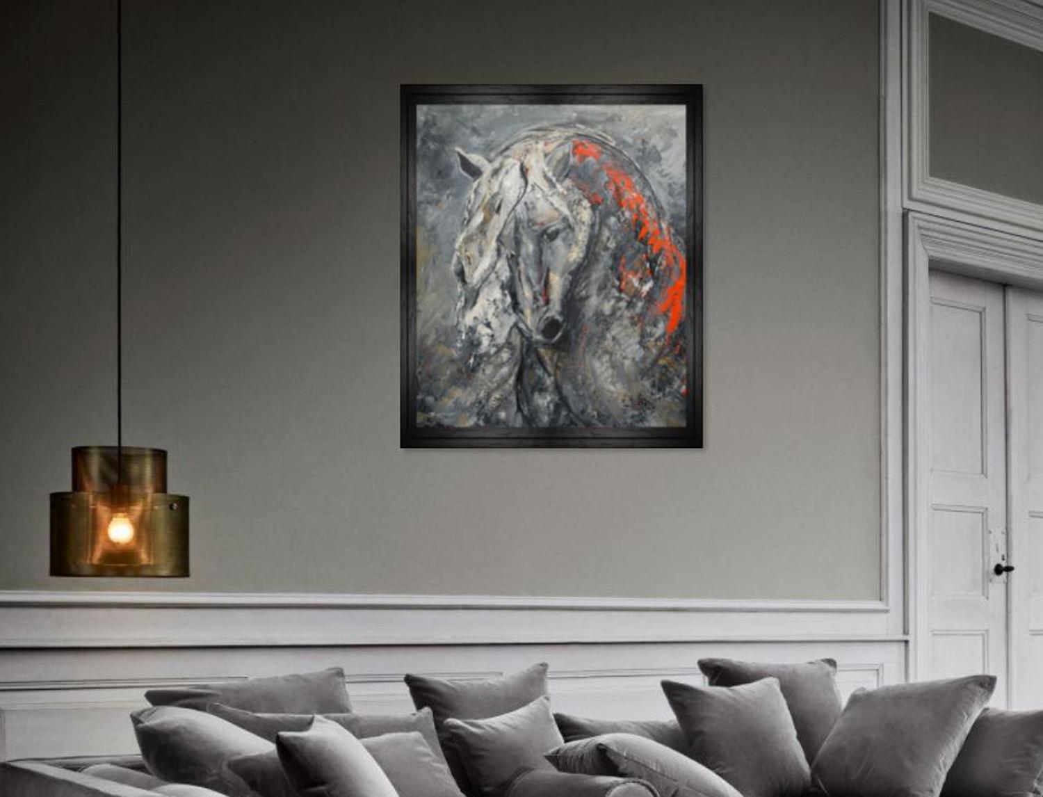 attitude, horse, figurative expressionism, oil on canvas, textured, impasto red For Sale 1