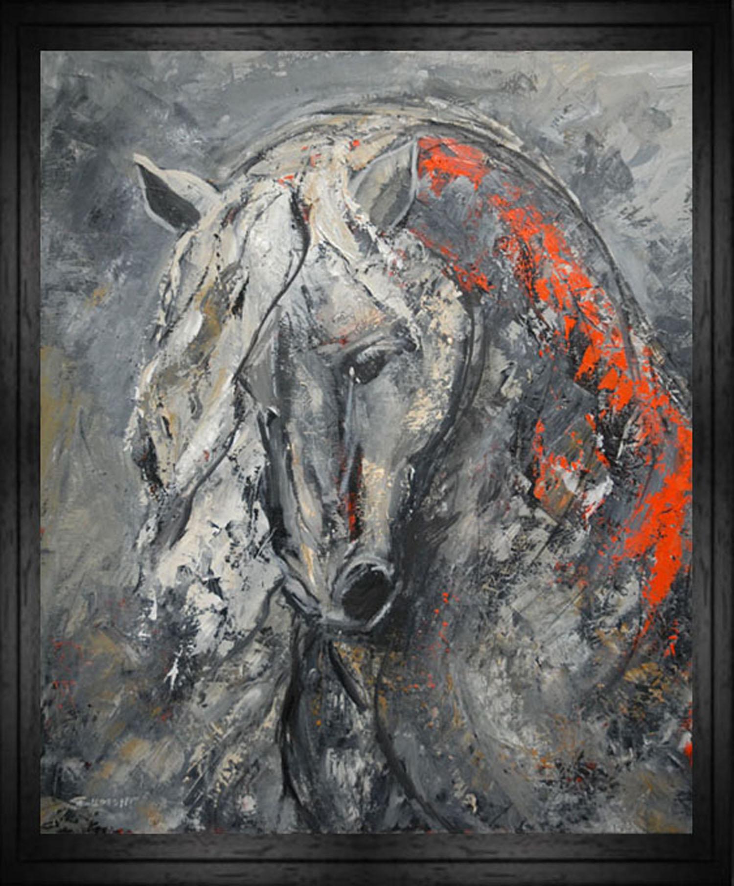 attitude, horse, figurative expressionism, oil on canvas, textured, impasto red