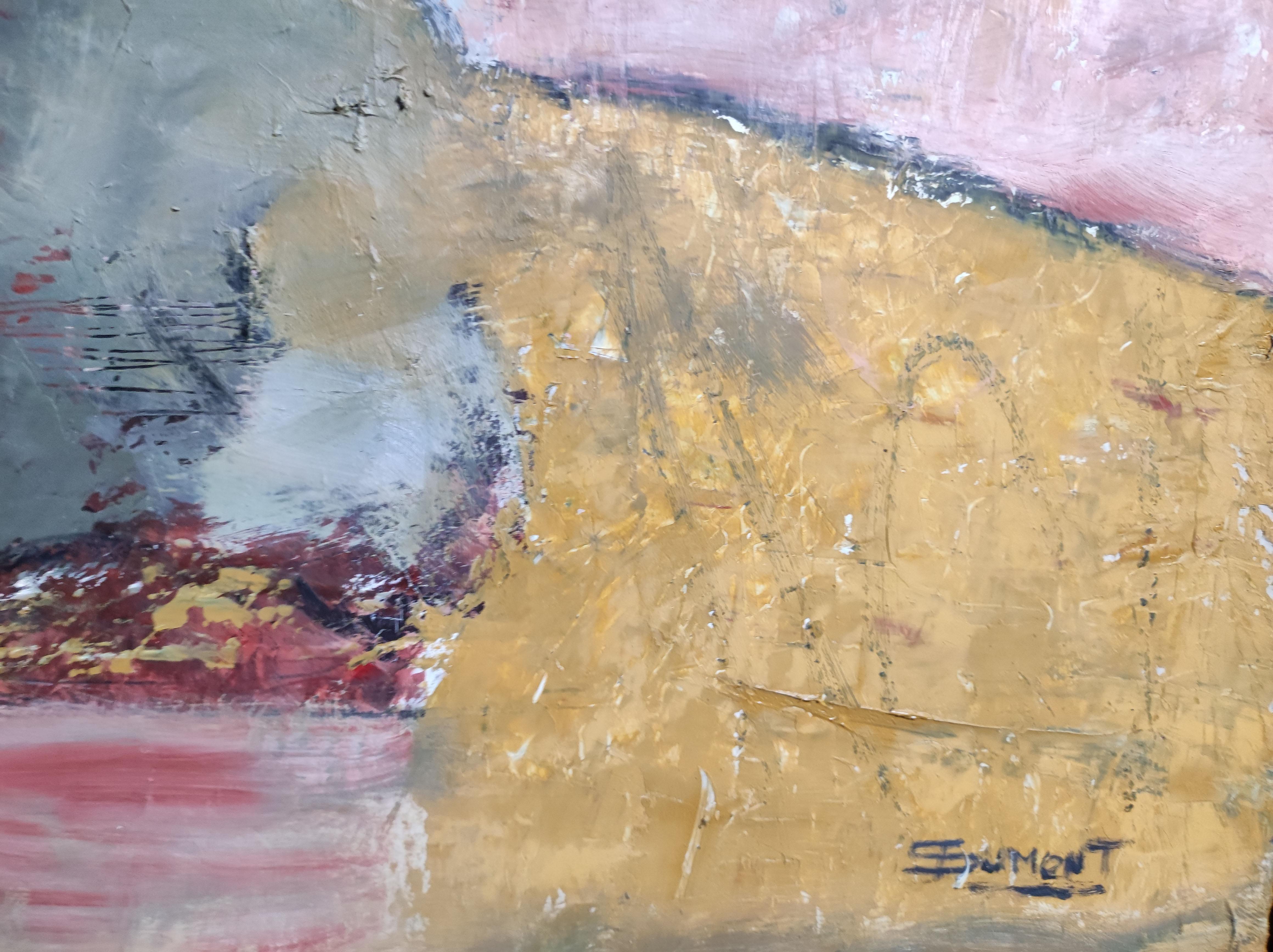 Colored abstract landscape in oil and palette knife. The artist explores the frontiers of abstract expressionism. The landscape evolves in modulations with blurred contours, to suggest volumes more than to draw a precise pattern. The palette, in