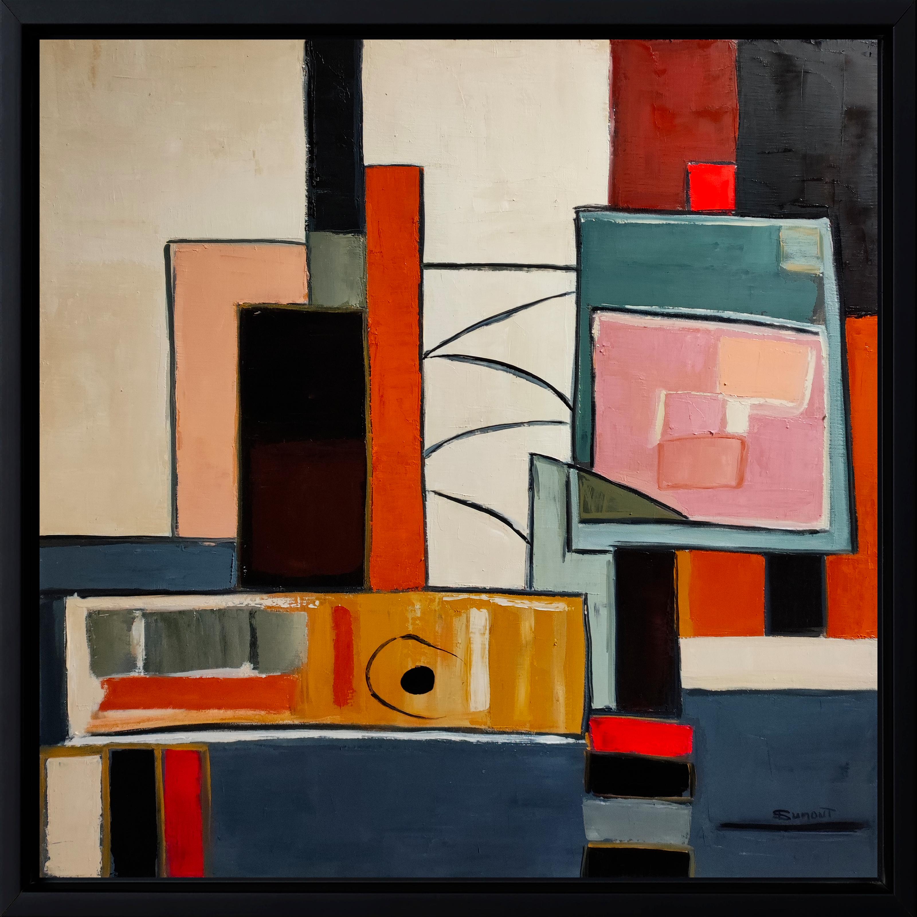 Autour de l'atelier — Post cubism, Textured Oil Painting, Artist Studio, French - Brown Abstract Painting by SOPHIE DUMONT