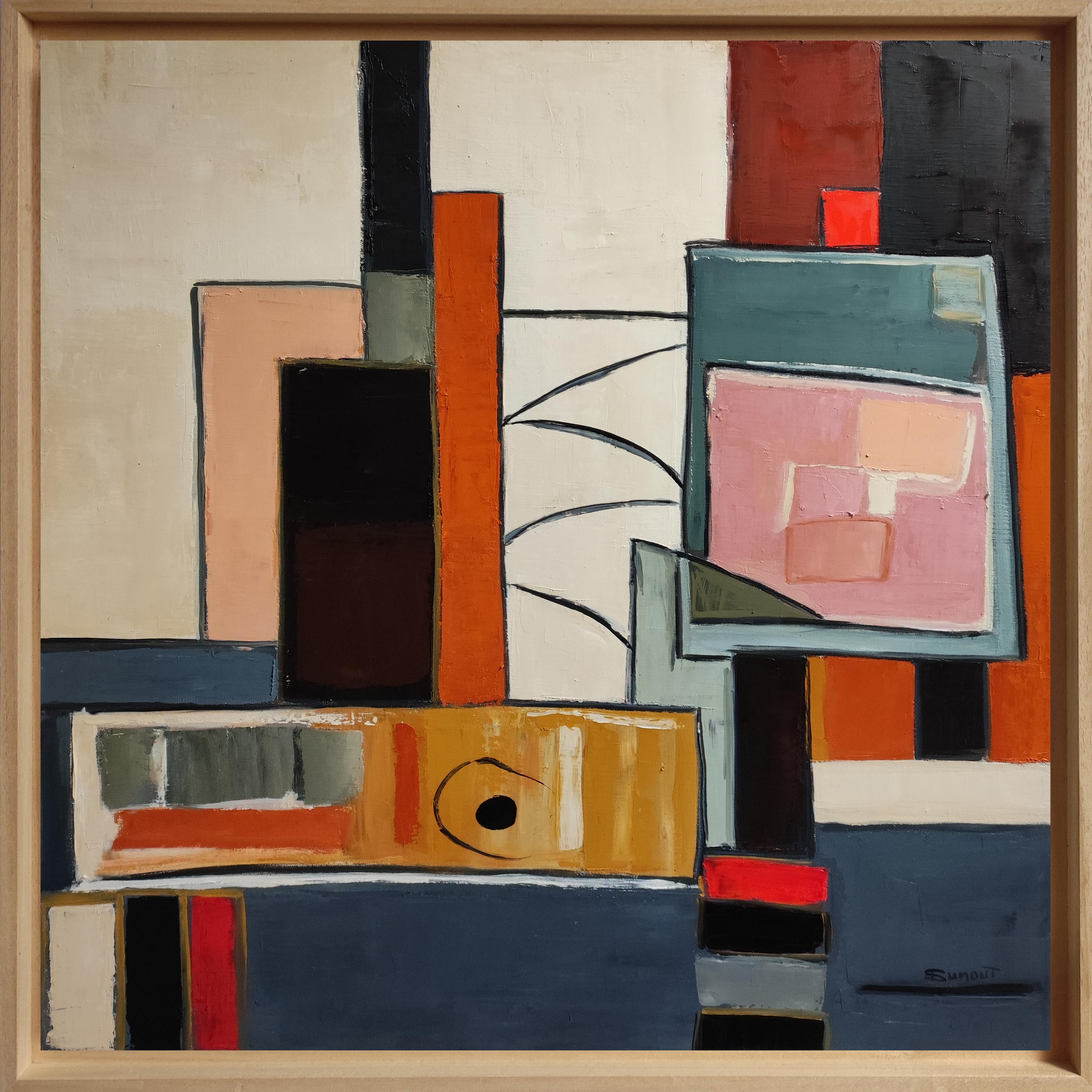 SOPHIE DUMONT Abstract Painting - Autour de l'atelier — Post cubism, Textured Oil Painting, Artist Studio, French
