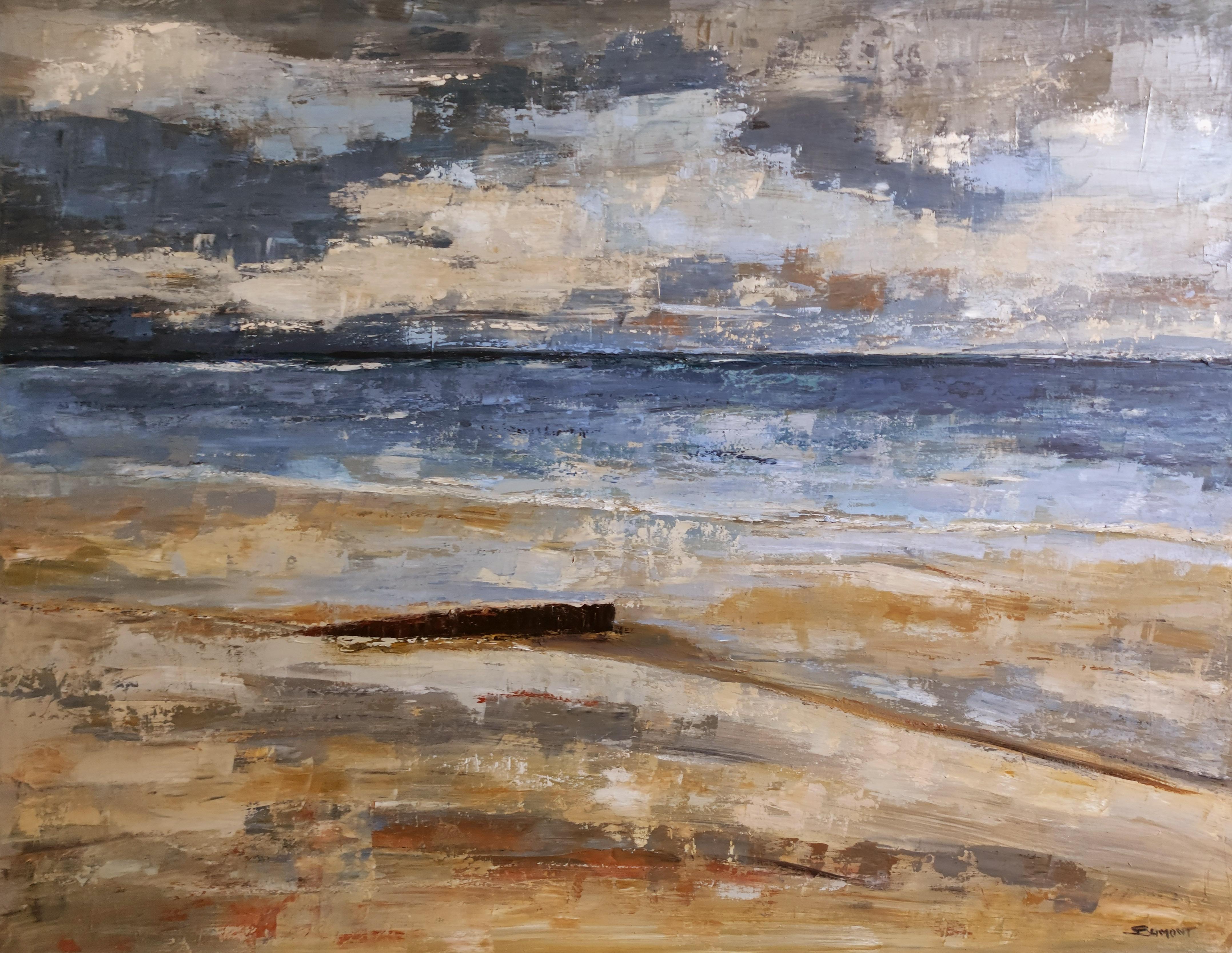 beach, seaside, semi-abstract, oil on canvas, texture, impasto, France - Painting by SOPHIE DUMONT