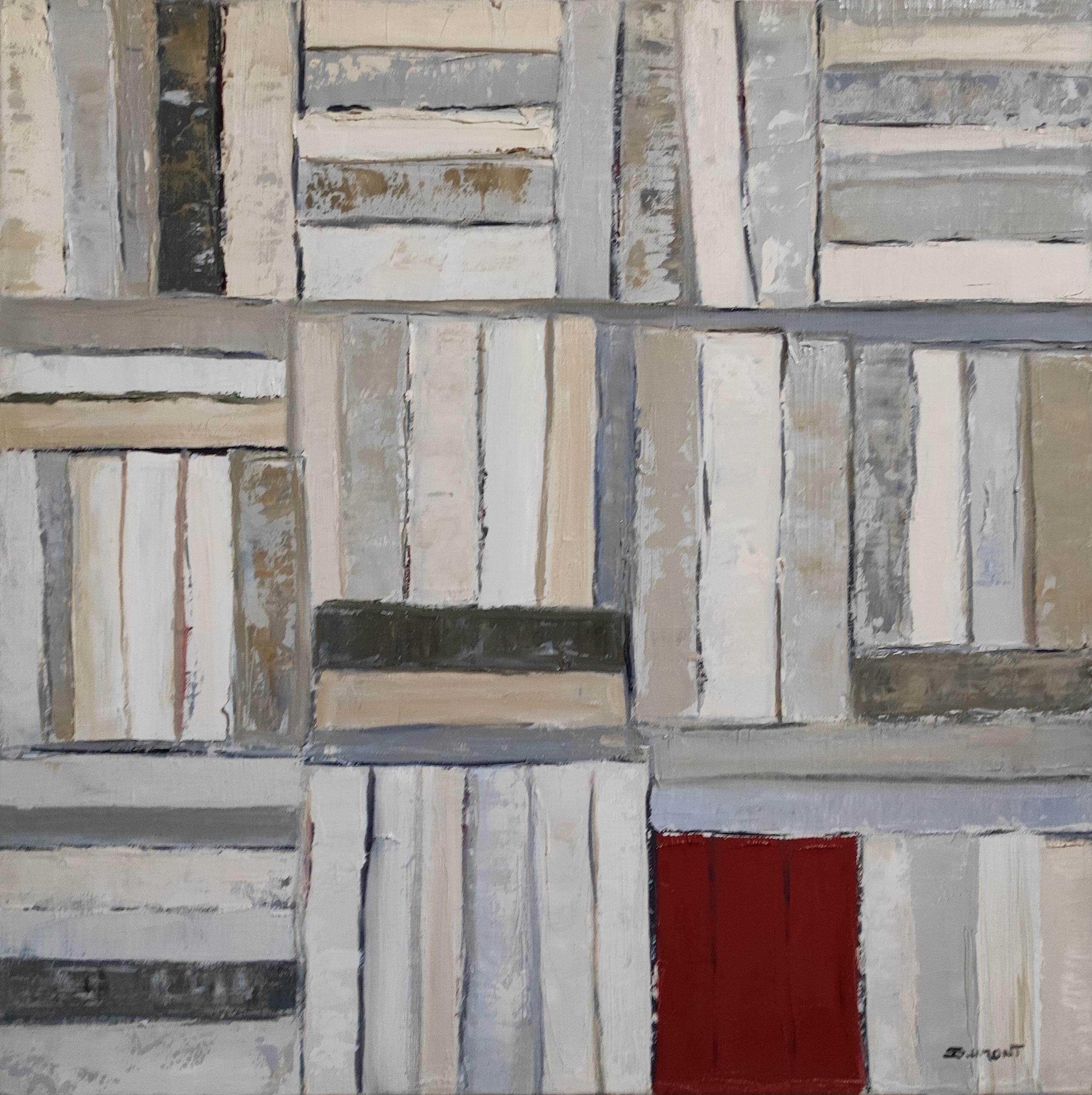 Best seller, olio su tela, libreria, bianco, rosso, strutturato, moderno, minimalismo - Interior Painting Grigio di SOPHIE DUMONT