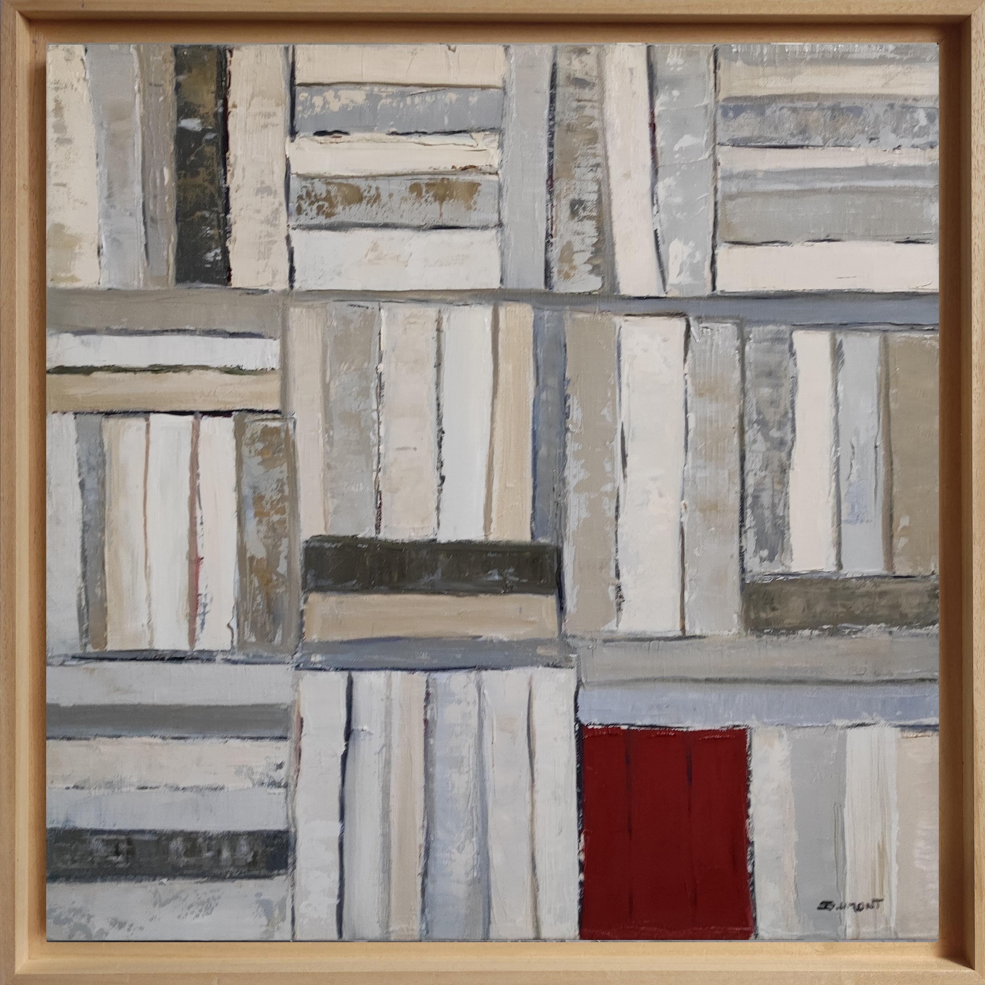 Best seller, olio su tela, libreria, bianco, rosso, strutturato, moderno, minimalismo - Painting di SOPHIE DUMONT