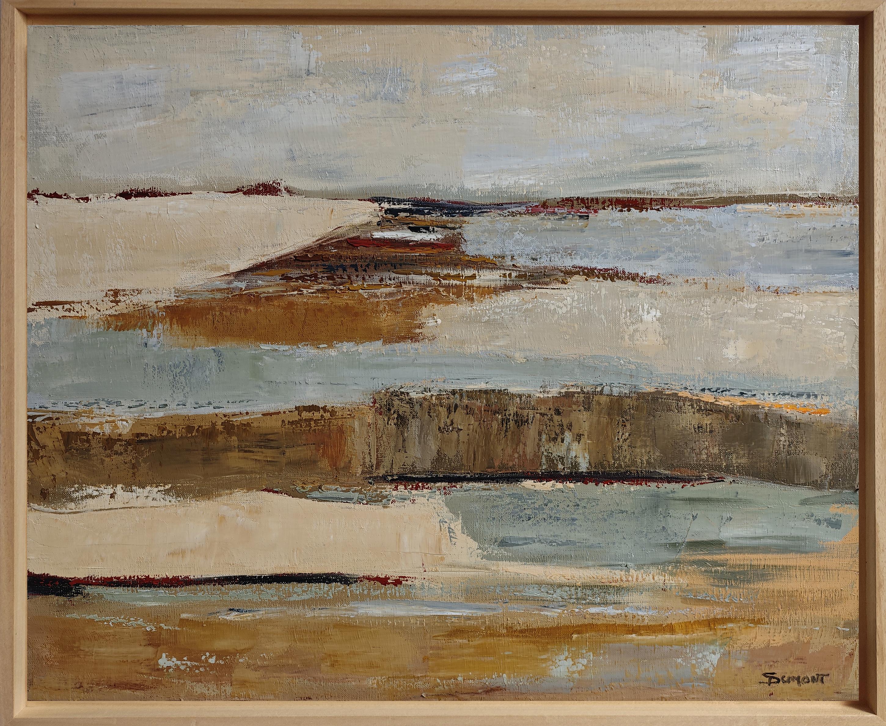 "Between 2 Shores": pittura astratta moderna francese di paesaggi, arte contemporanea costiera
