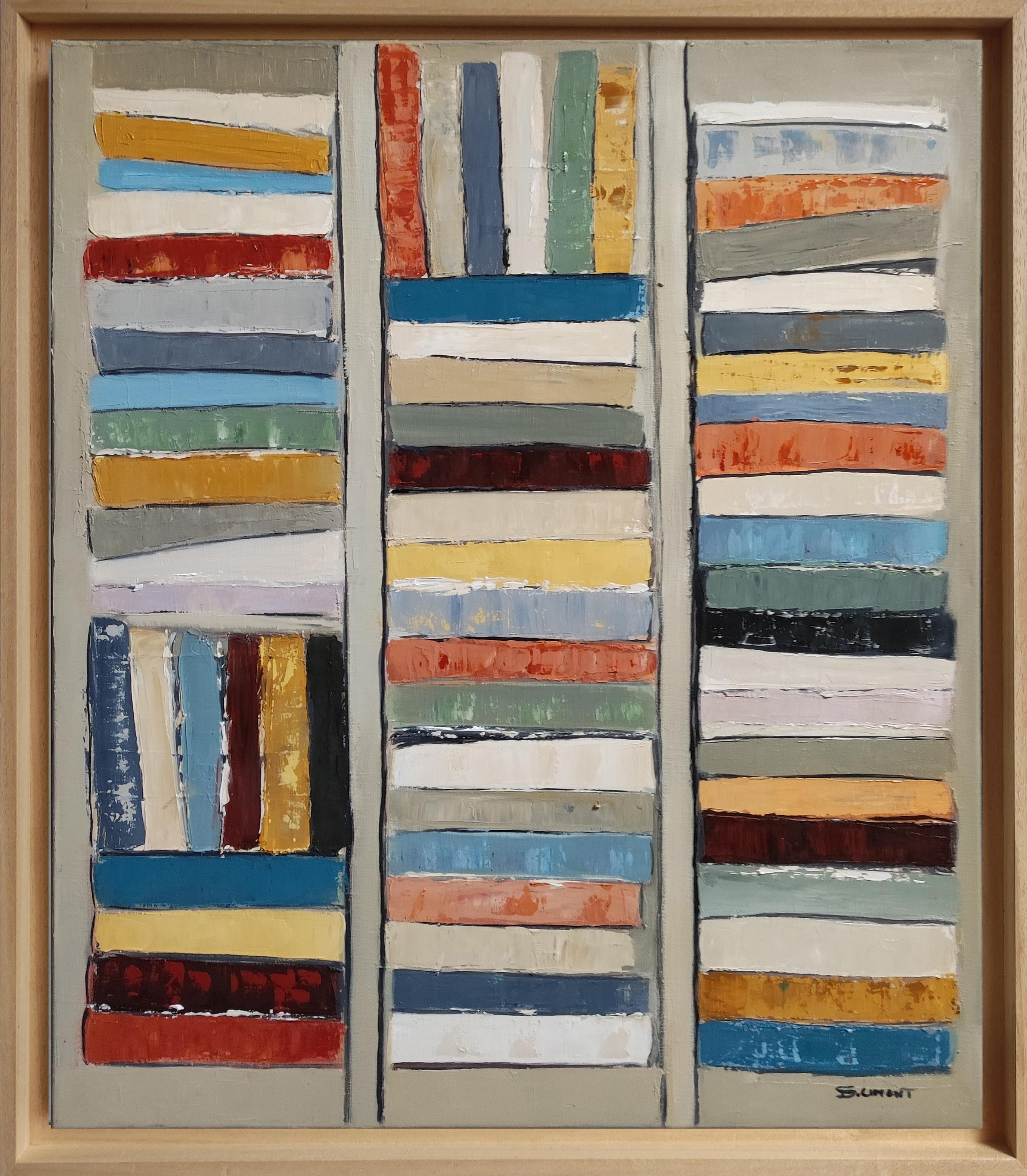 Entre les lignes, Bibliothèque abstraite, couleurs, Géométrique, Contemporaine, Huile, Livres en vente 6