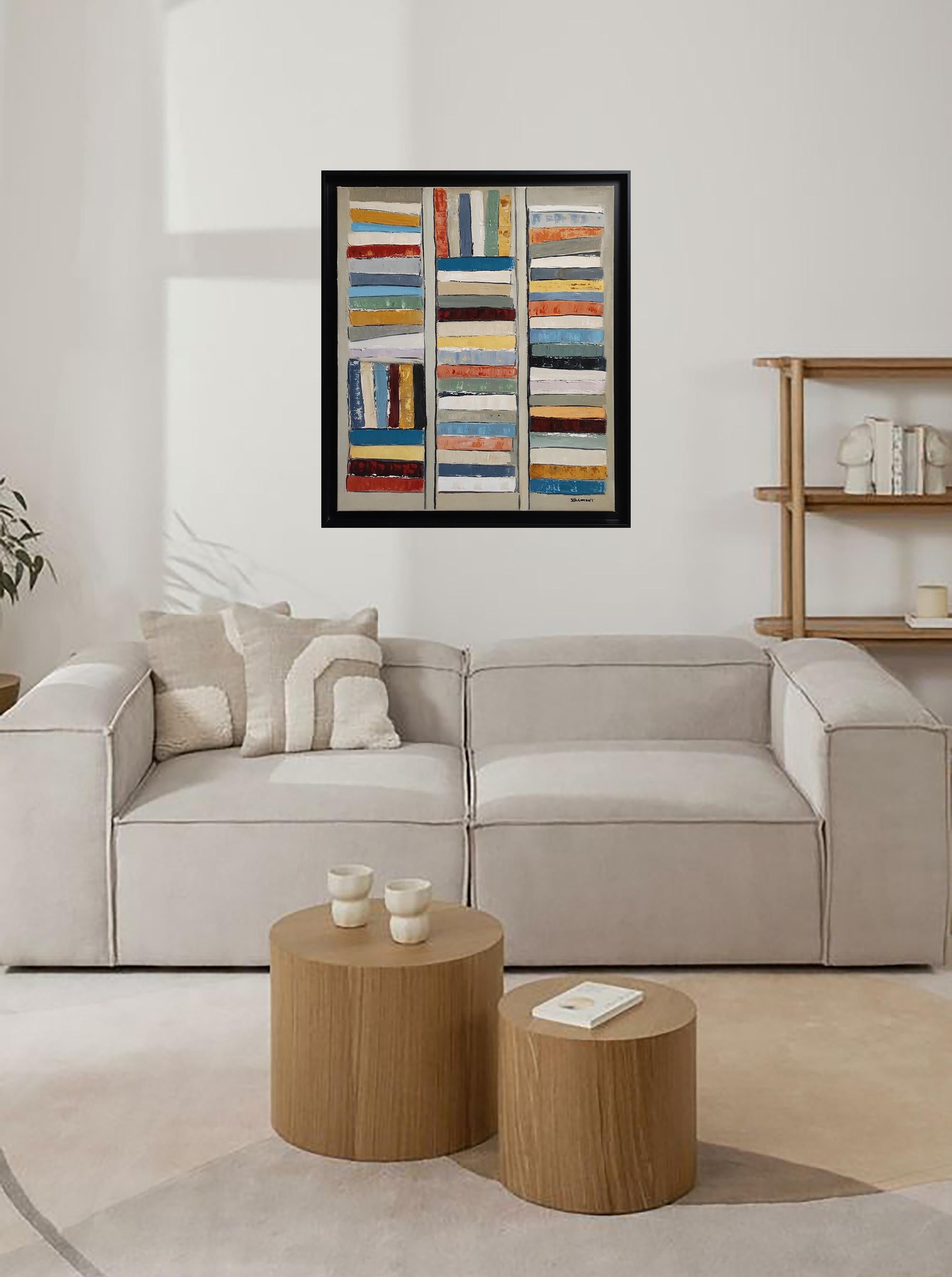 Tra le linee, Biblioteca astratta, colori, Geometrico, Contemporaneo, Olio, Libri - Interior Painting Marrone di SOPHIE DUMONT